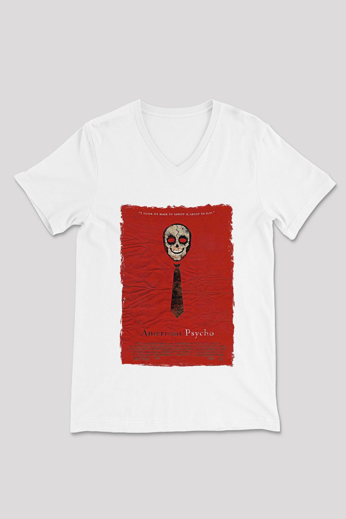 American Psycho Baskılı Beyaz Unisex V Yaka Tişört - Tshirt