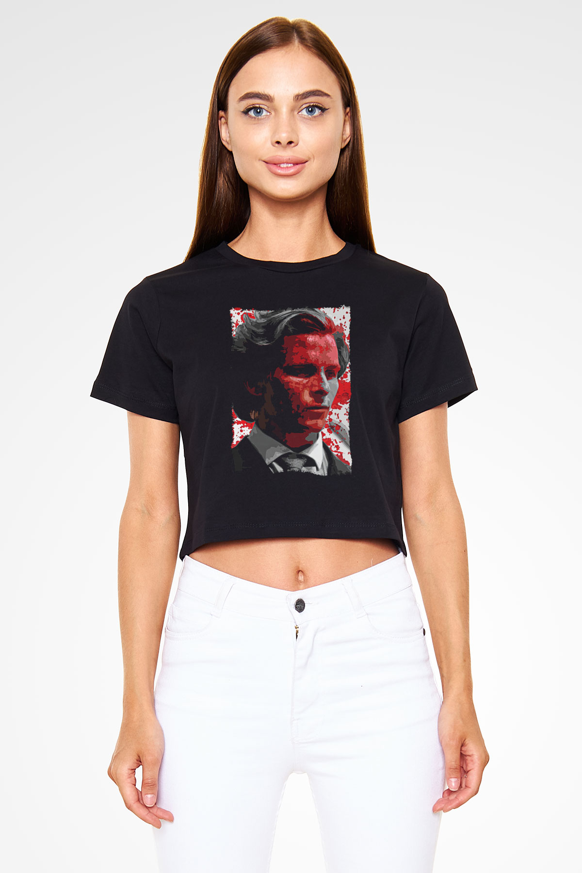 American Psycho Baskılı Siyah Crop Top Kadın Tişört - Tshirt