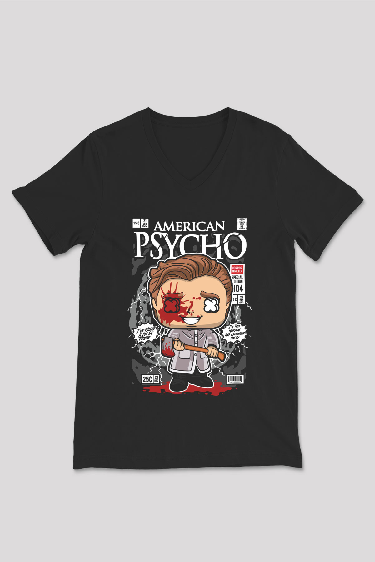 American Psyco Baskılı Unisex Siyah V Yaka Tişört