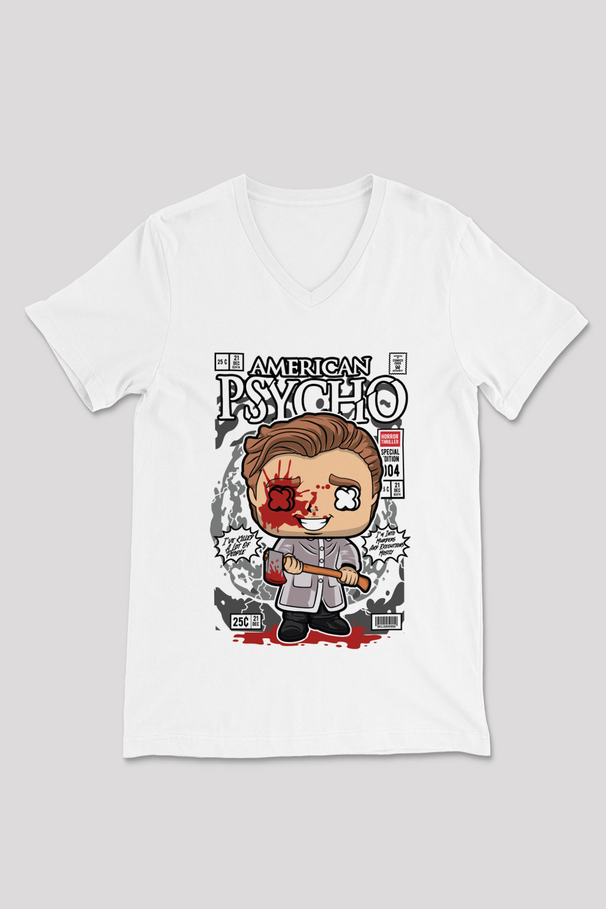 American Psyco Patrick Baskılı Unisex Beyaz V Yaka Tişört