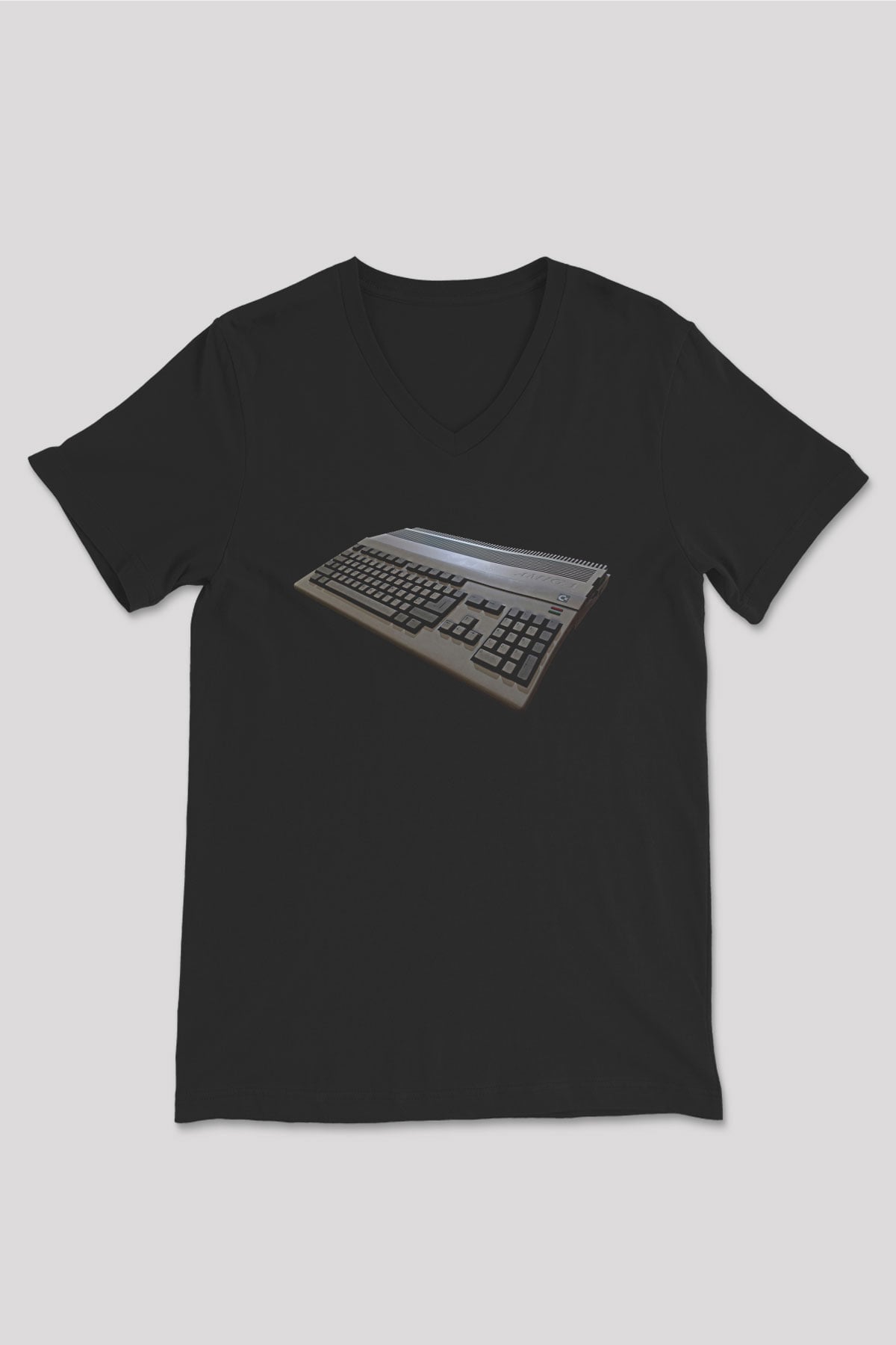 Amiga 500 Baskılı Unisex Siyah V Yaka Tişört - Tshirt