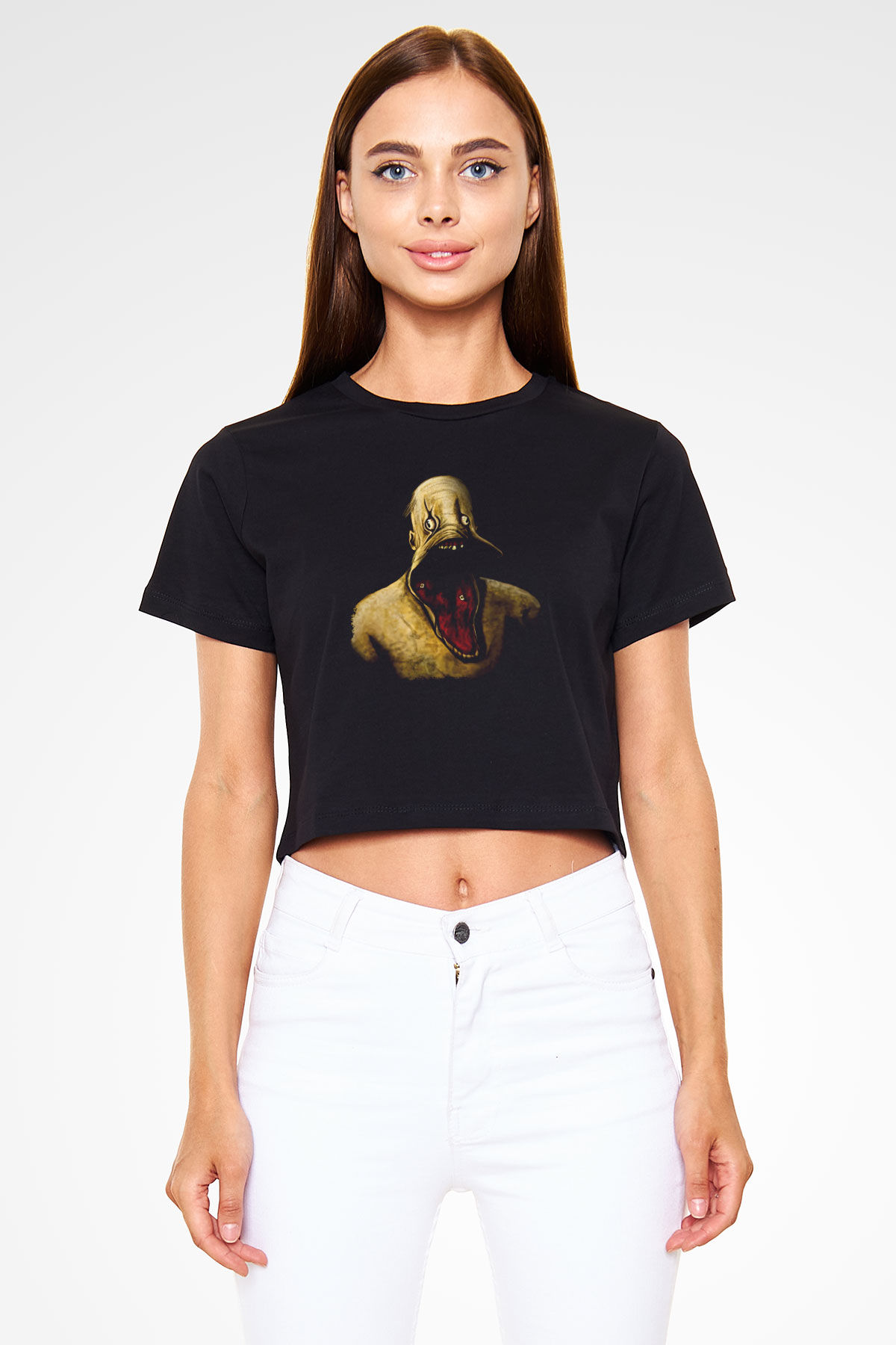 Amnesia Baskılı Siyah Crop Top Kadın Tişört - Tshirt