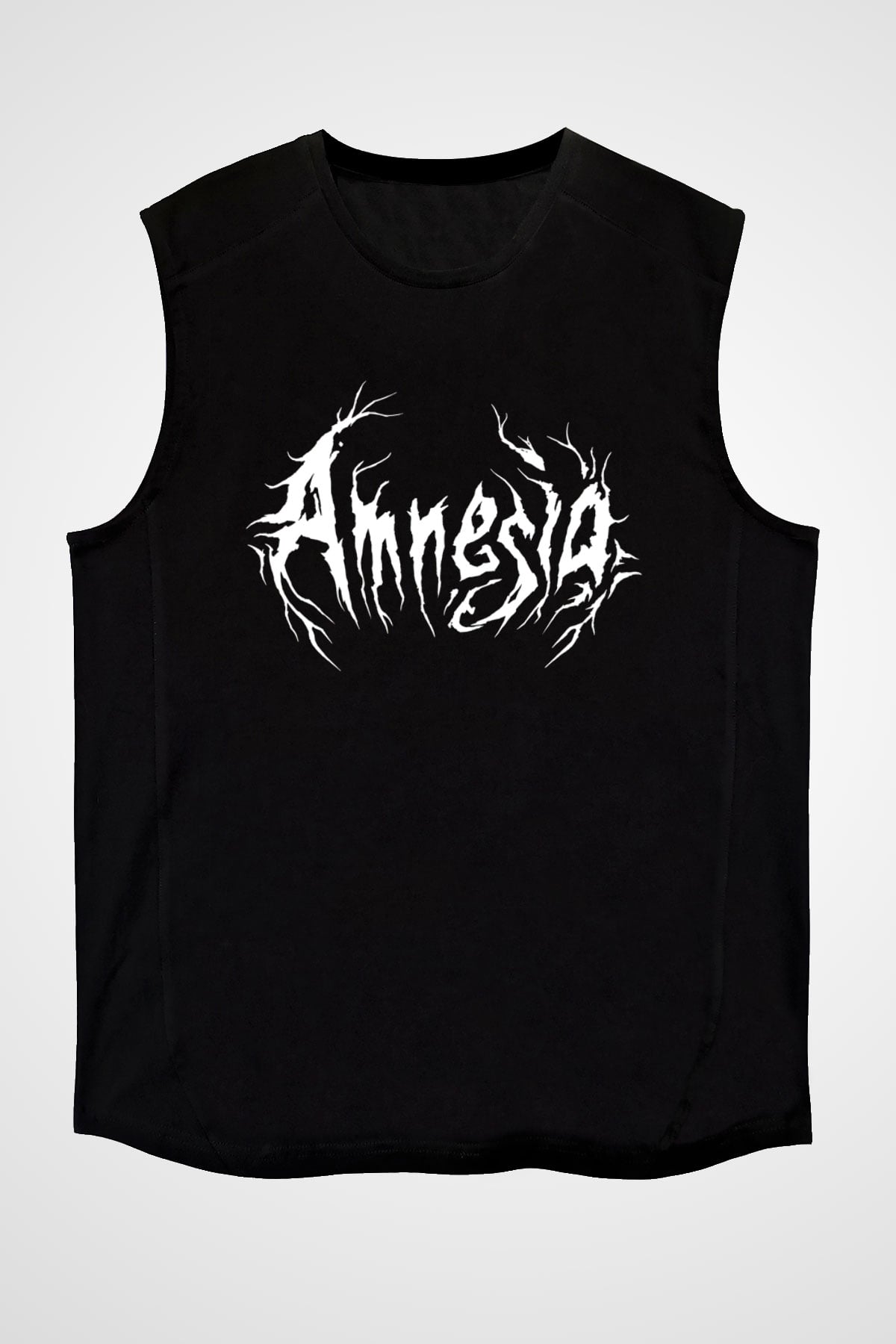 Amnesia Baskılı Unisex Siyah Kolsuz Tişört - Tshirt