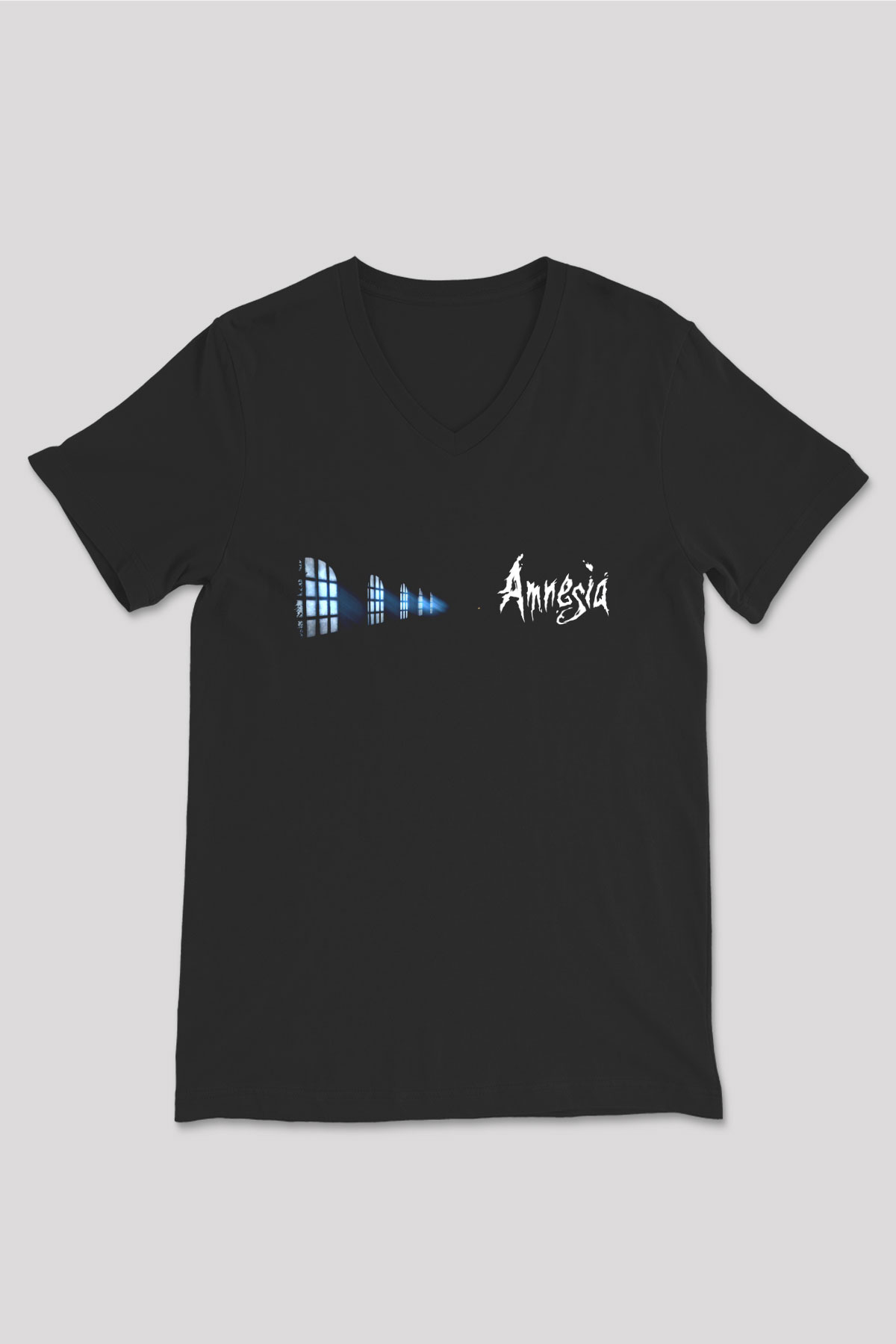 Amnesia Baskılı Unisex Siyah V Yaka Tişört - Tshirt