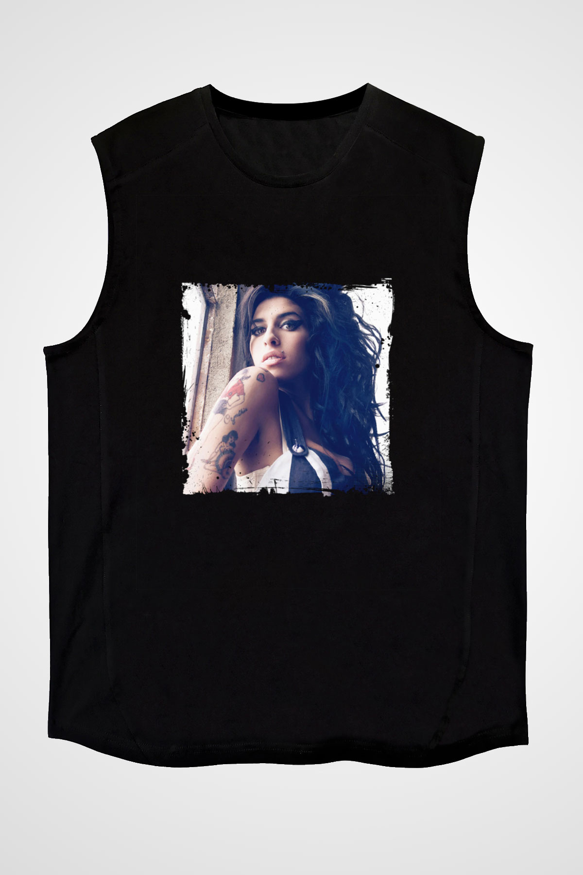 Amy Winehouse Baskılı Unisex Siyah Kolsuz Tişört