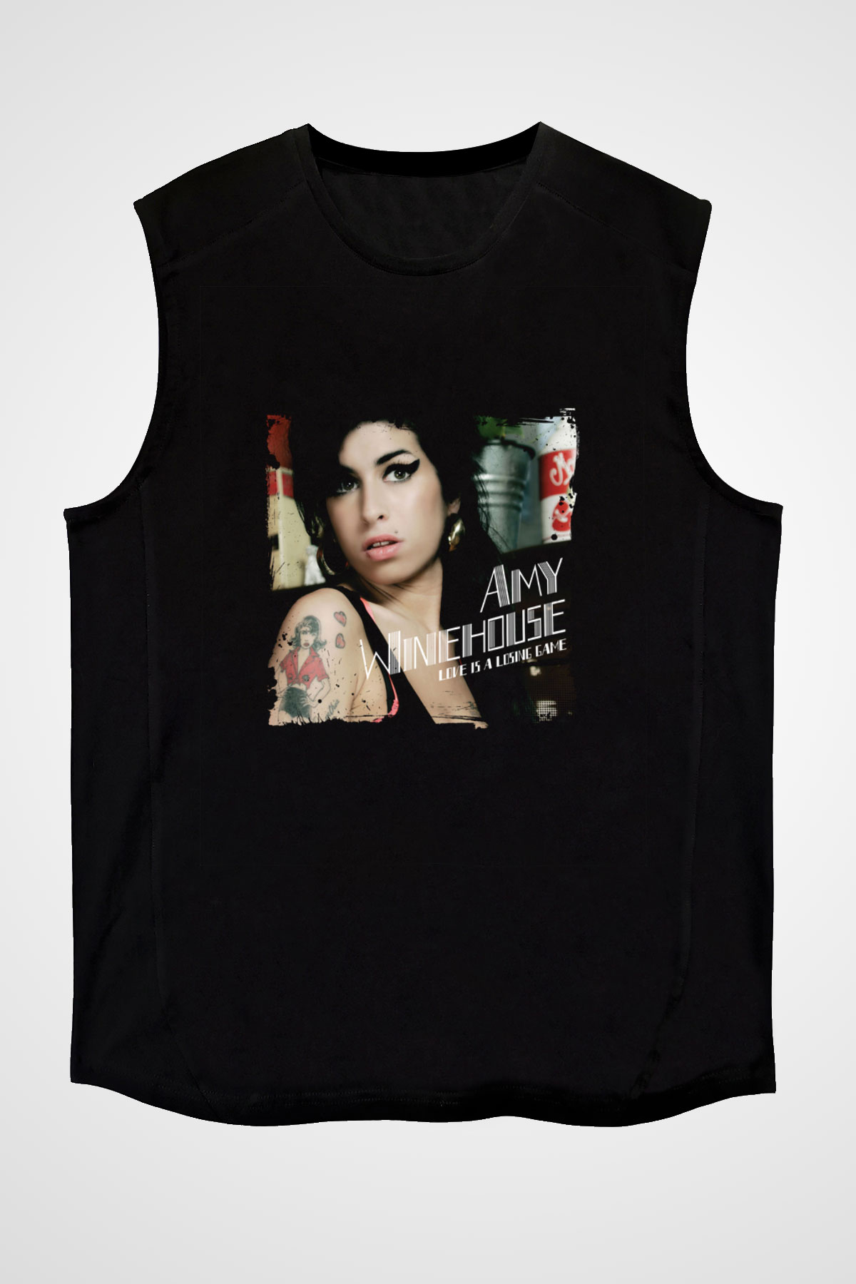 Amy Winehouse Baskılı Unisex Siyah Kolsuz Tişört