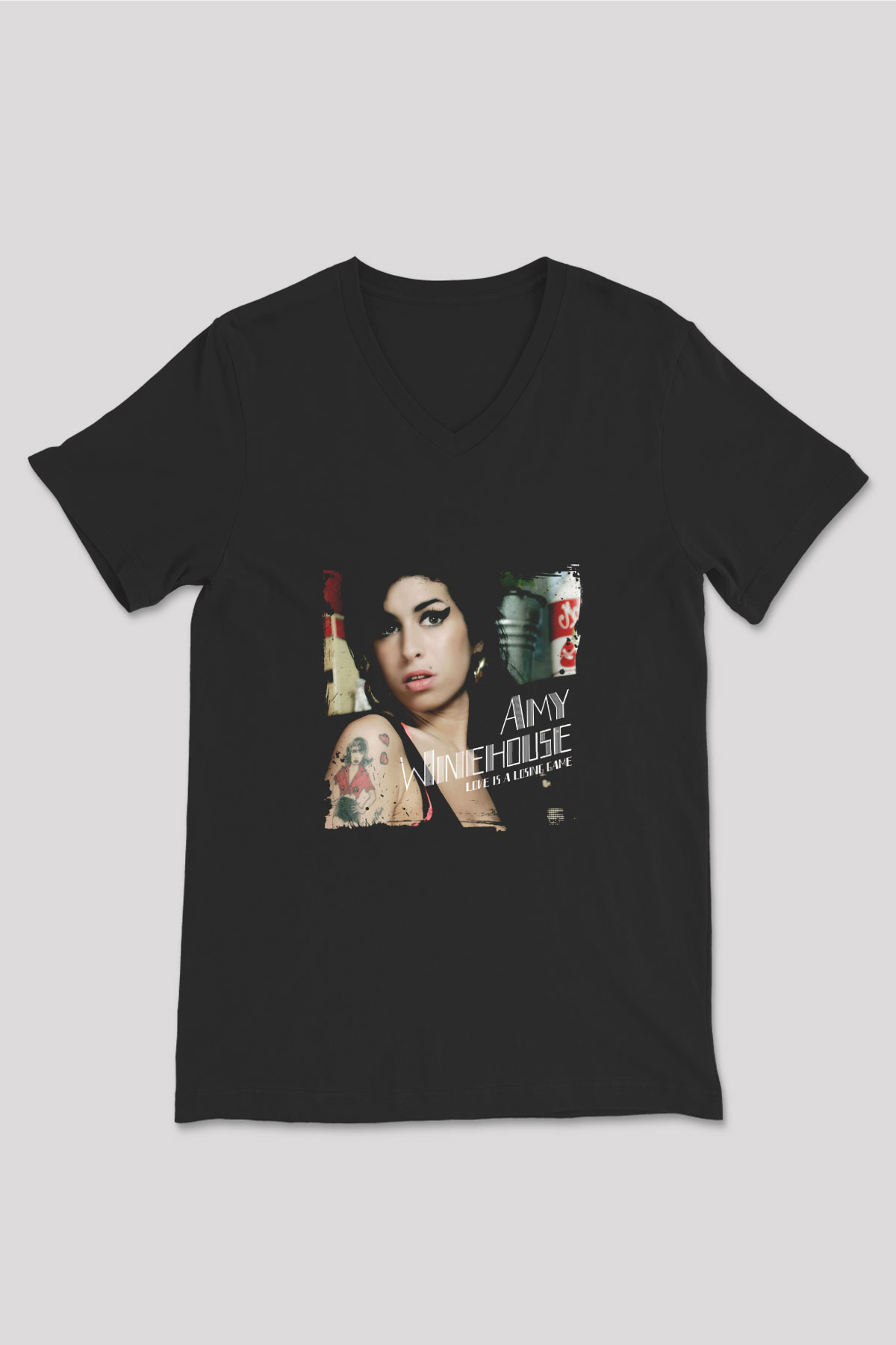 Amy Winehouse Baskılı Unisex Siyah V Yaka Tişört