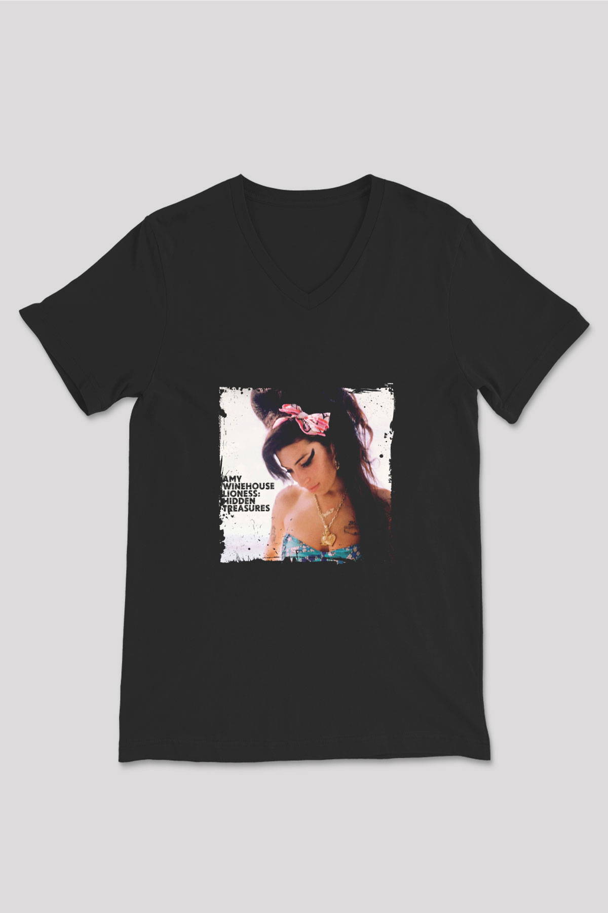 Amy Winehouse Baskılı Unisex Siyah V Yaka Tişört