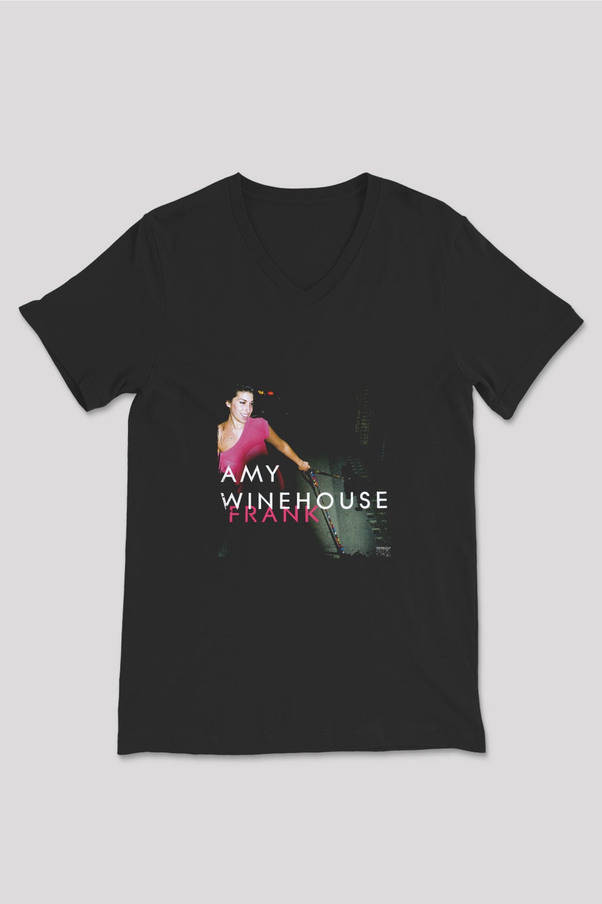 Amy Winehouse Baskılı Unisex Siyah V Yaka Tişört