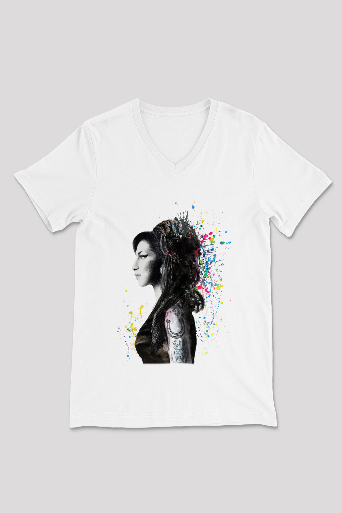 Amy Winehouse Beyaz Unisex V Yaka Tişört T-Shirt