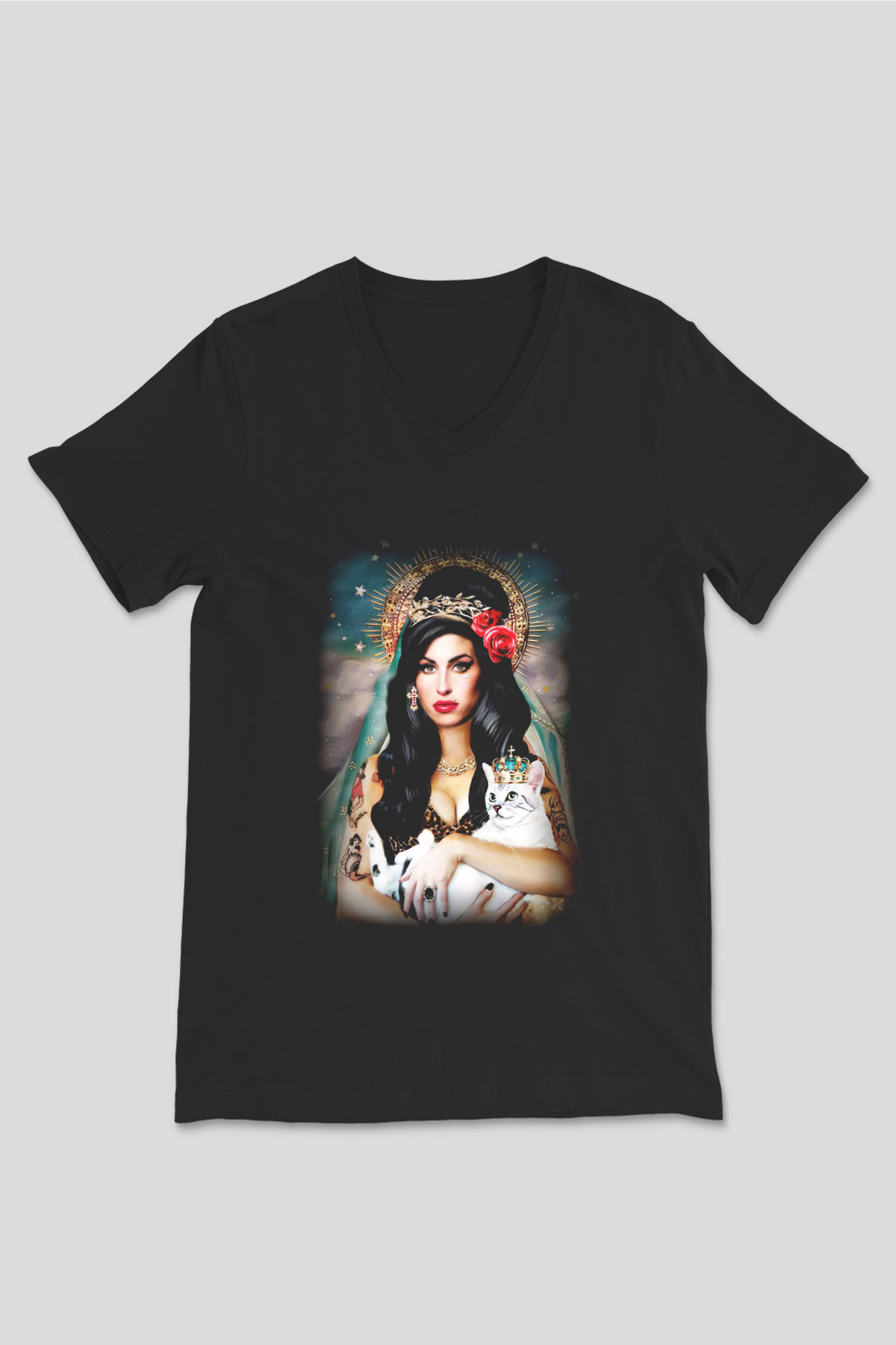 Amy Winehouse Siyah Unisex V Yaka Tişört T-Shirt