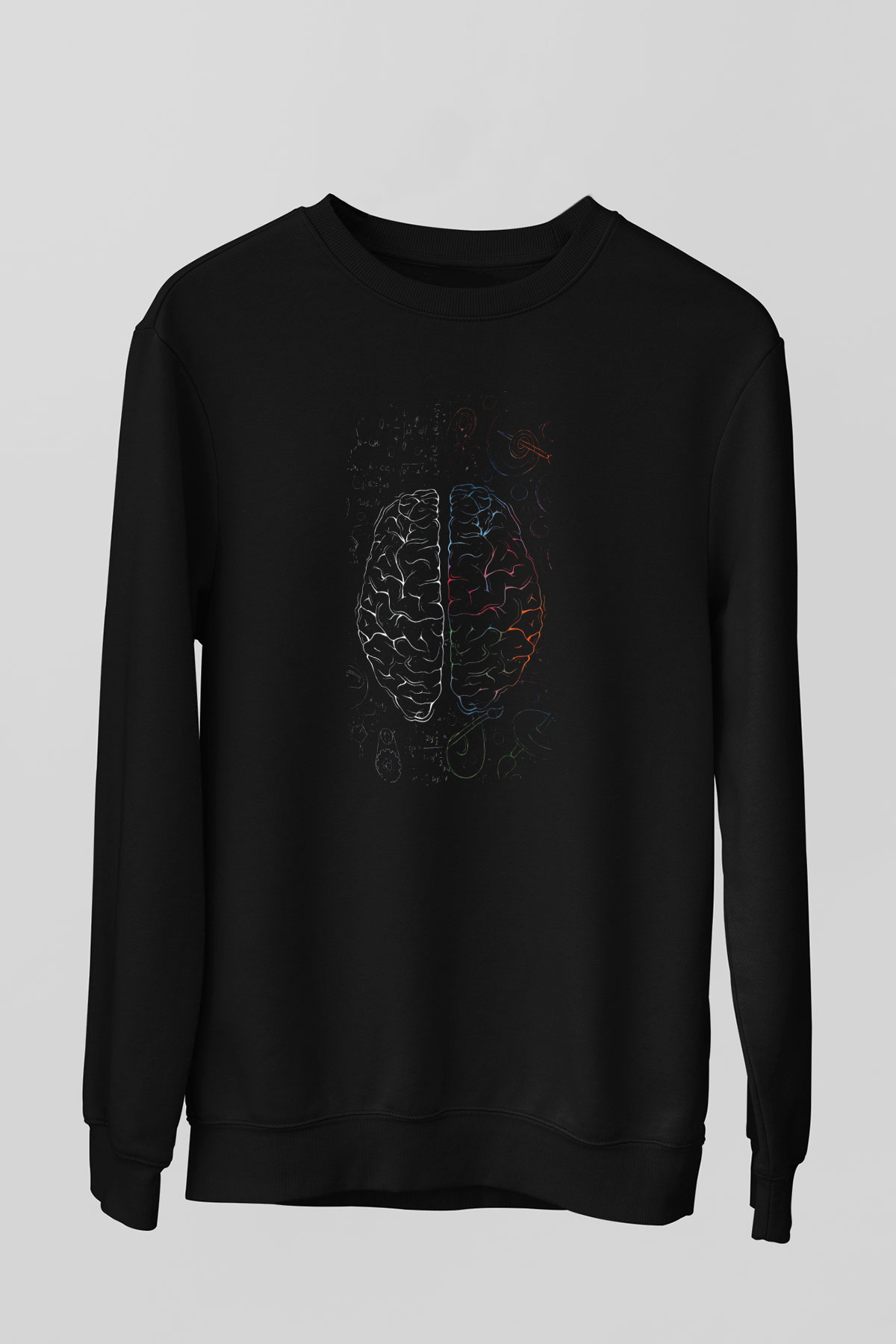Analitik Ve Sezgisel Beyin Lobları Baskılı Unisex Siyah Sweatshirt