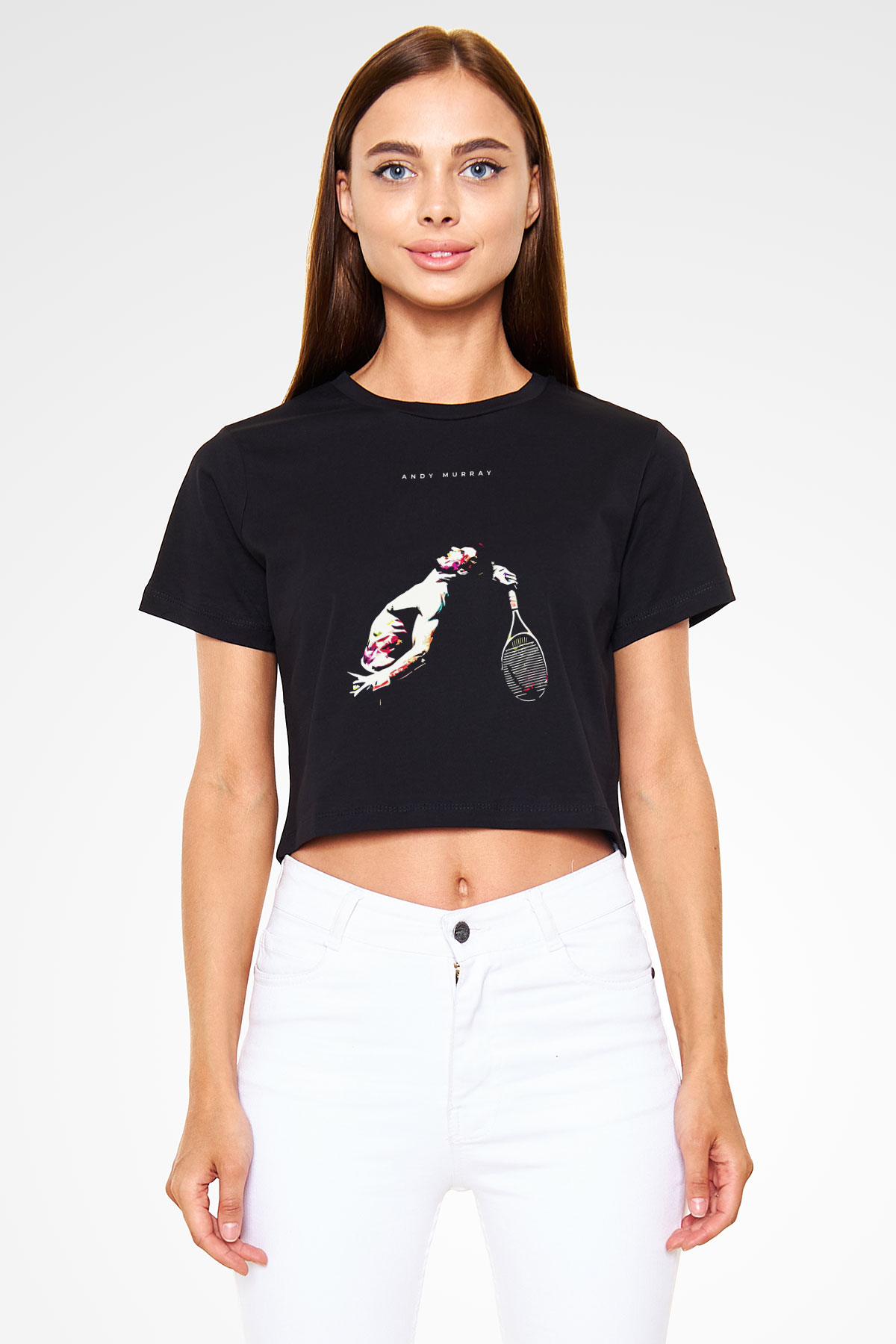 Andy Murray Baskılı Siyah Crop Top Kadın Tişört - Tshirt
