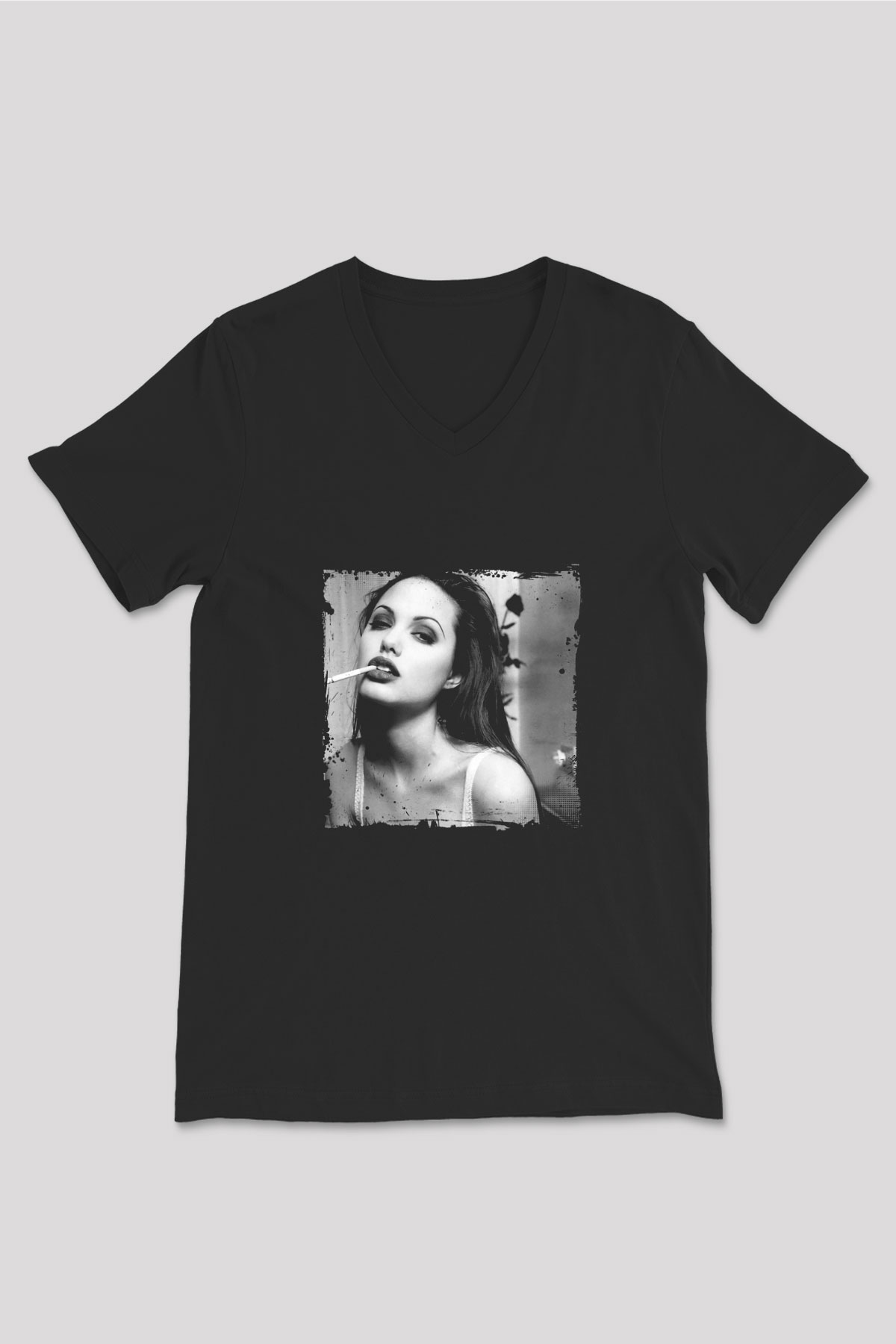 Angelina Jolie Baskılı Unisex Siyah V Yaka Tişört