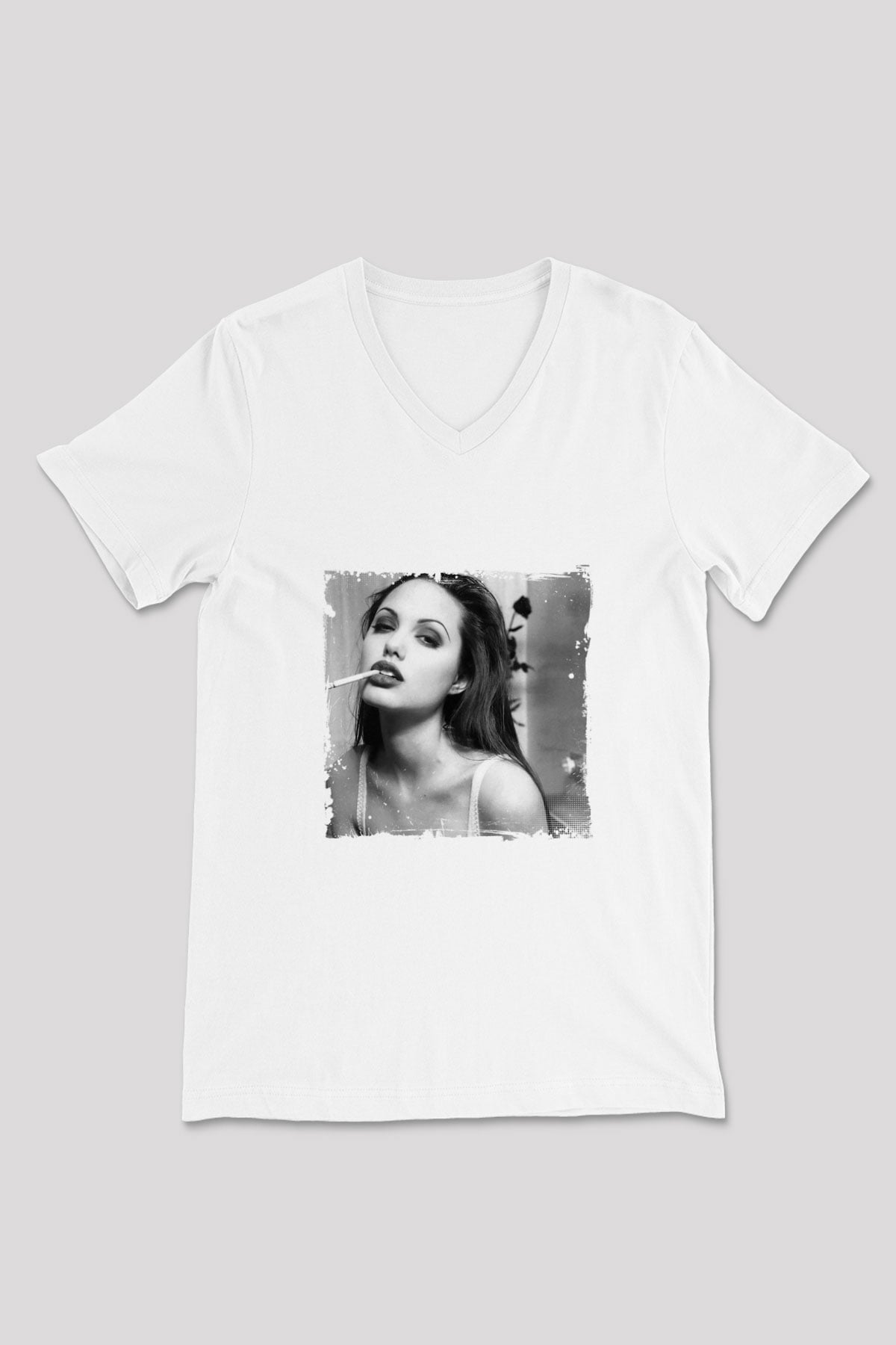 Angelina Jolie Baskılı V Yaka Unisex Beyaz Tişört