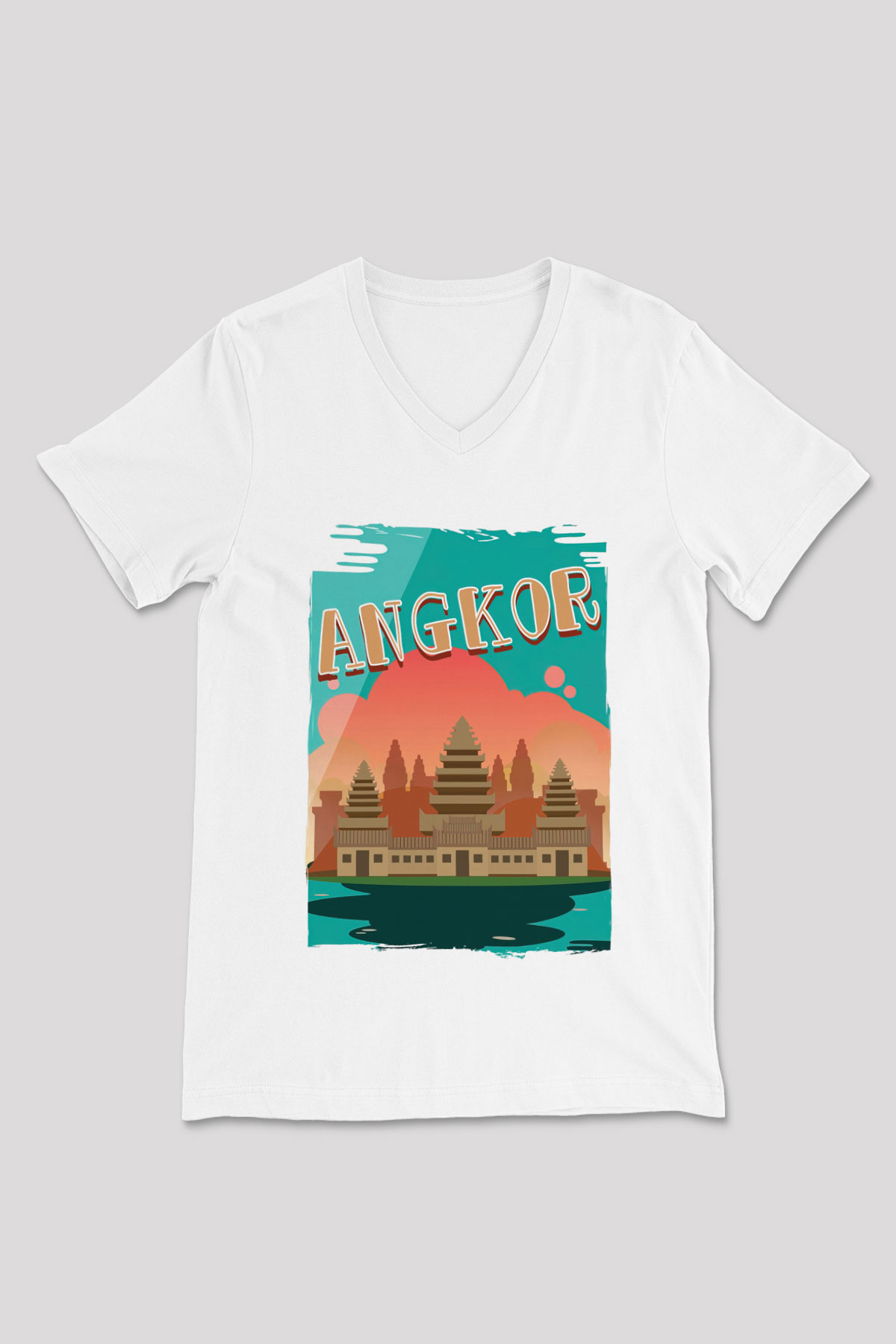 Angkor Vat Beyaz Unisex V Yaka Tişört