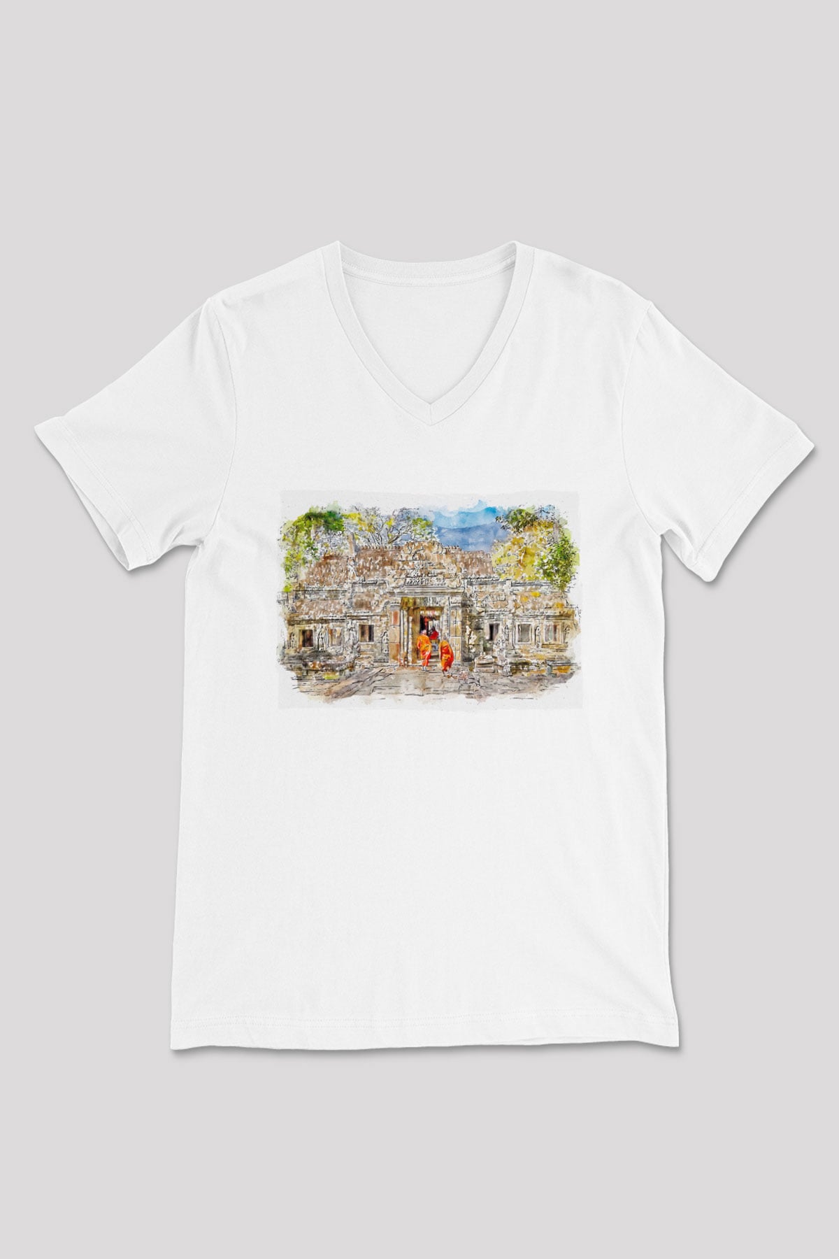 Angkor Vat Beyaz Unisex V Yaka Tişört