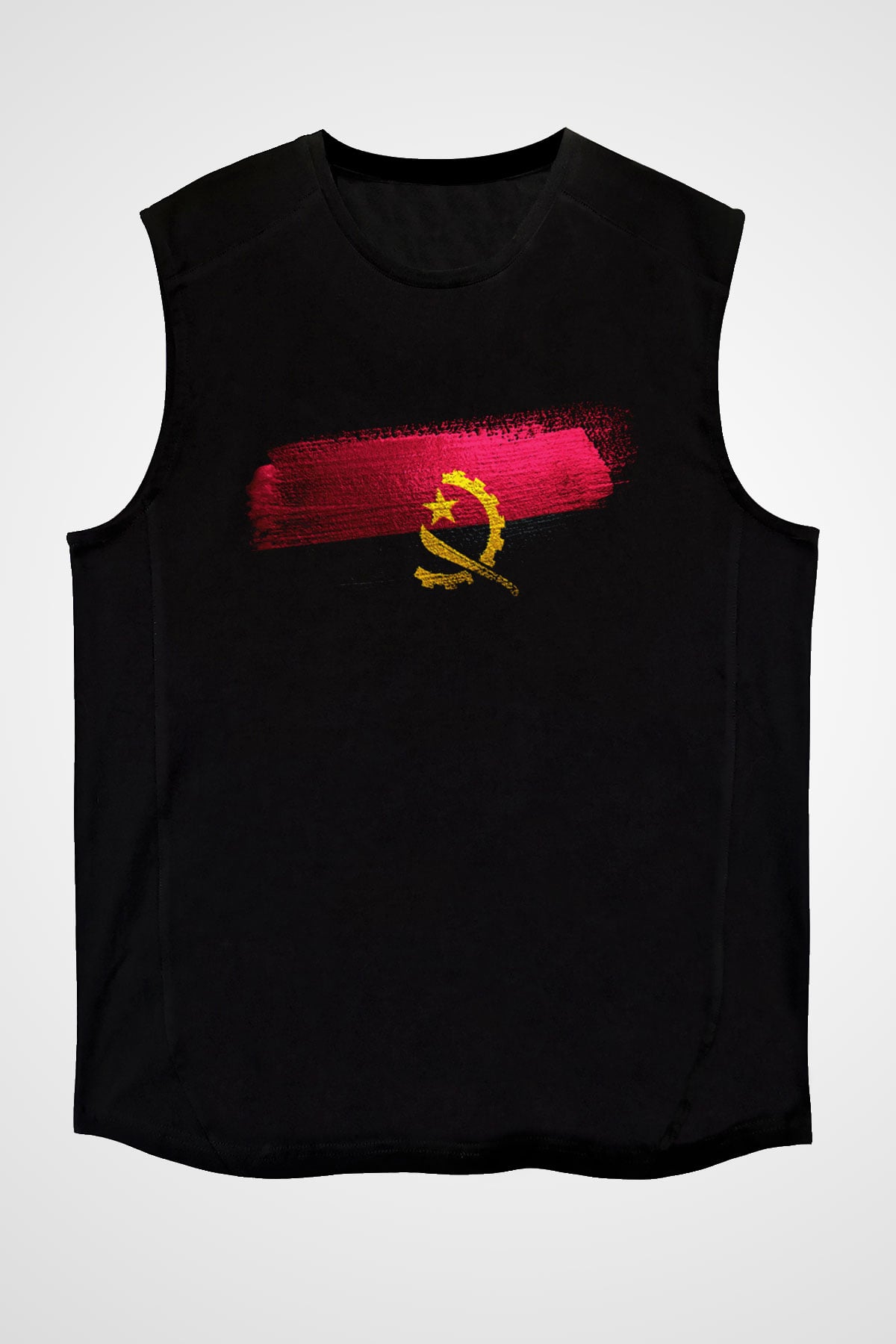Angola Bayrağı Baskılı Unisex Siyah Kolsuz Tişört