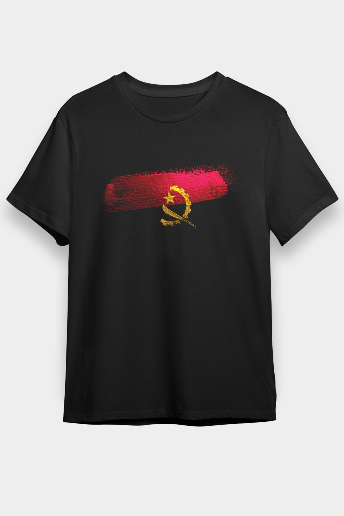 Angola Bayrağı Baskılı Unisex Siyah Tişört