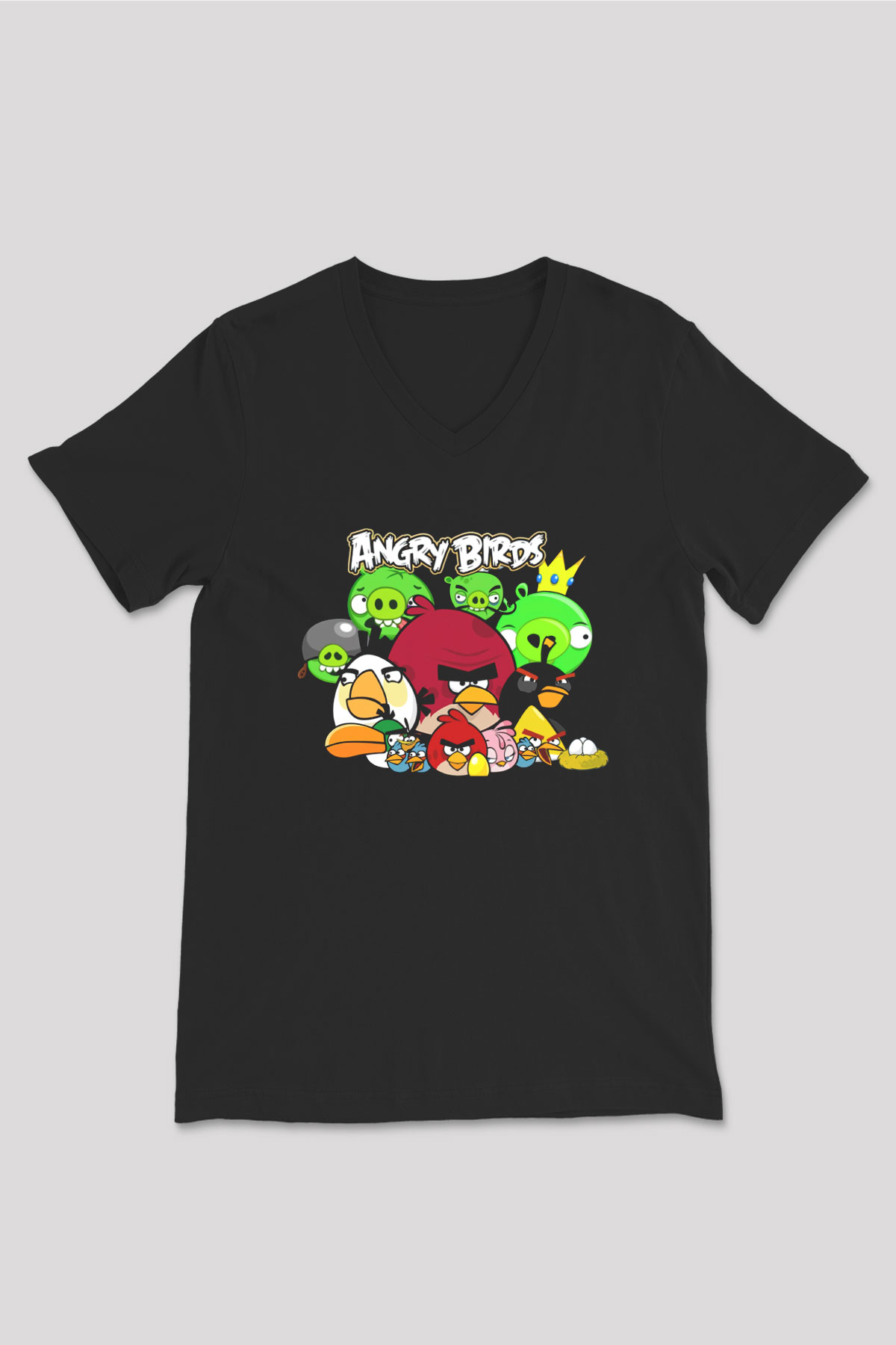Angry Birds Siyah Unisex V Yaka Tişört T-Shirt