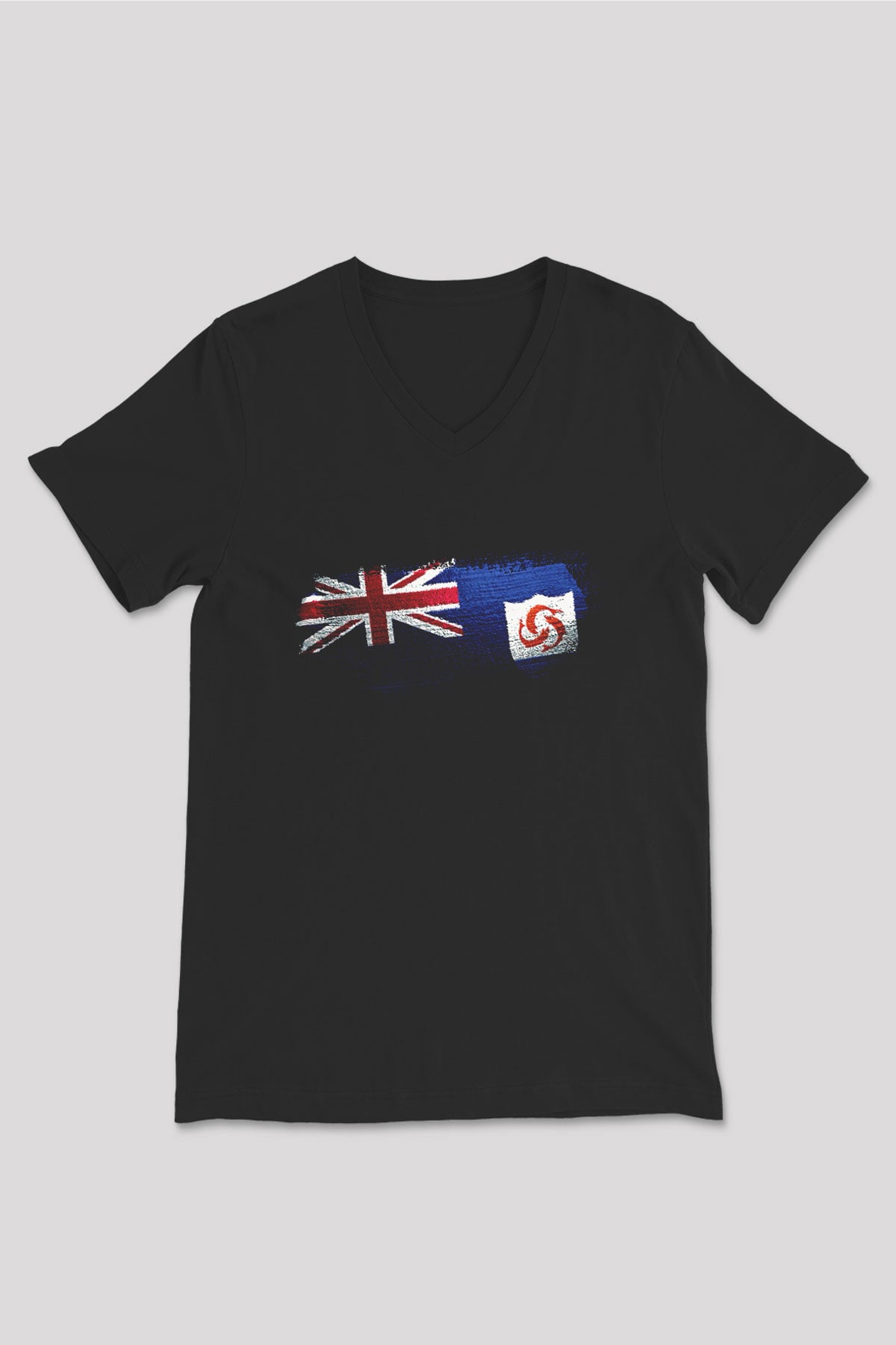 Anguilla Bayrağı Baskılı Unisex Siyah V Yaka Tişört