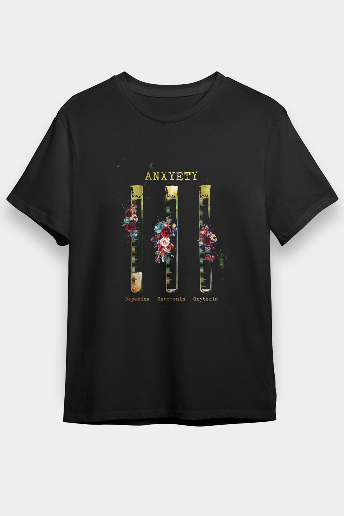 Anksiyete Formülü Hormonlar Baskılı Unisex Siyah Tişört - Tshirt