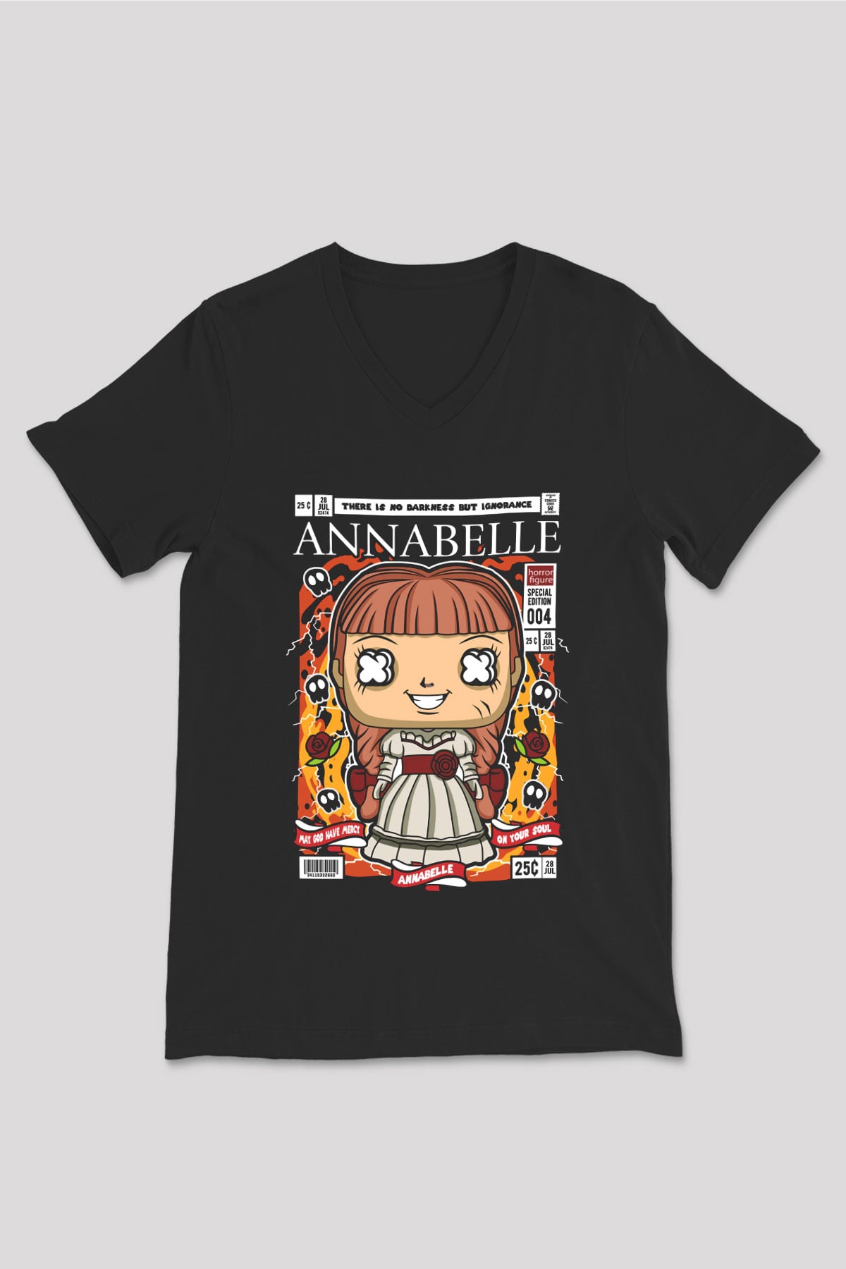 Annabelle Baskılı Unisex Siyah V Yaka Tişört