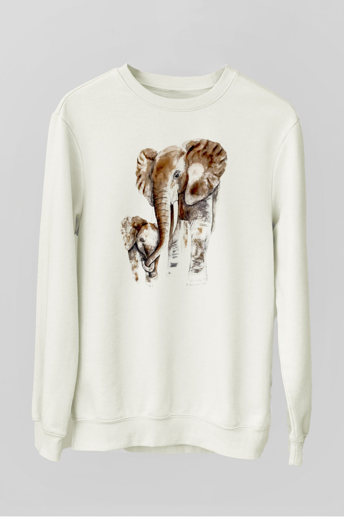 Anne Fil ve Yavrusu Baskılı Unisex Beyaz  Sweatshirt