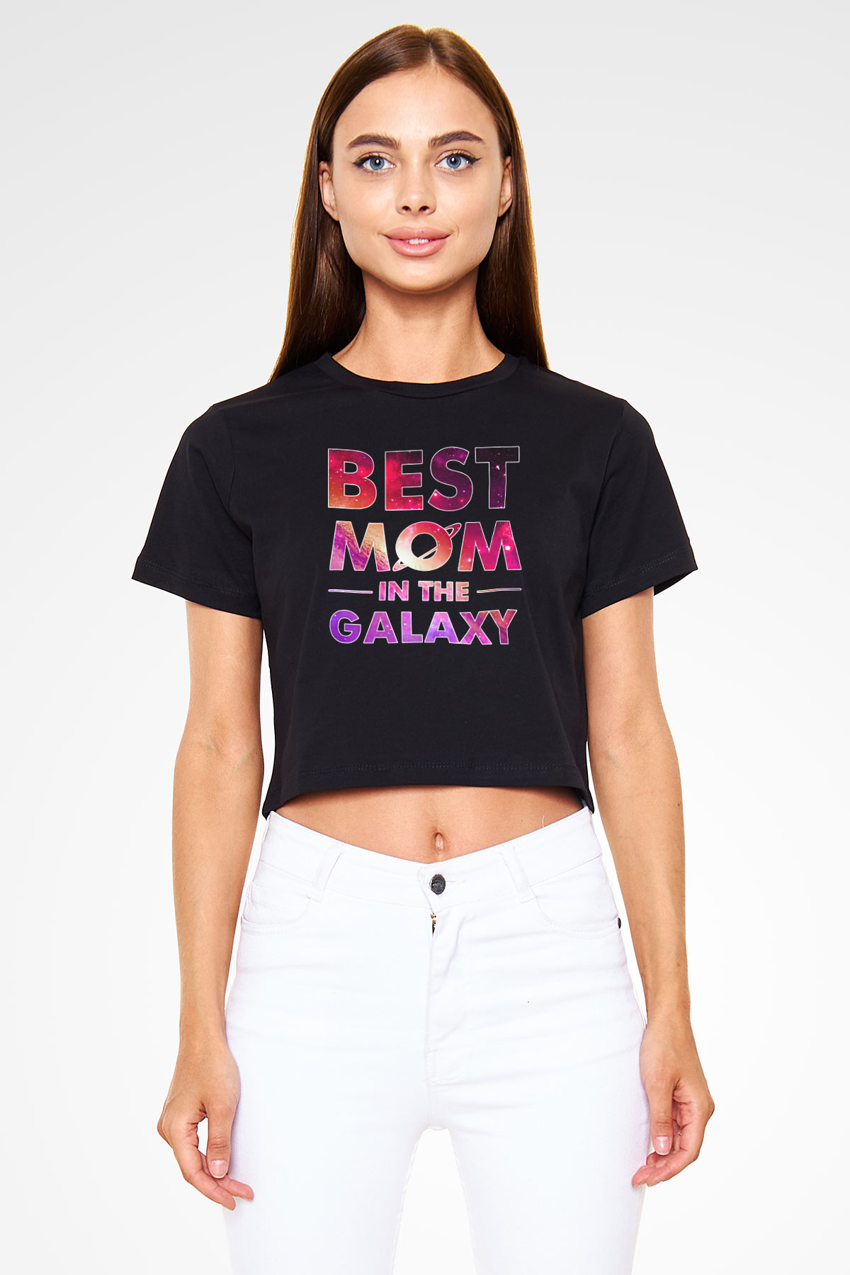 Anneler Günü Baskılı Siyah Crop Top Kadın Tişört - Tshirt