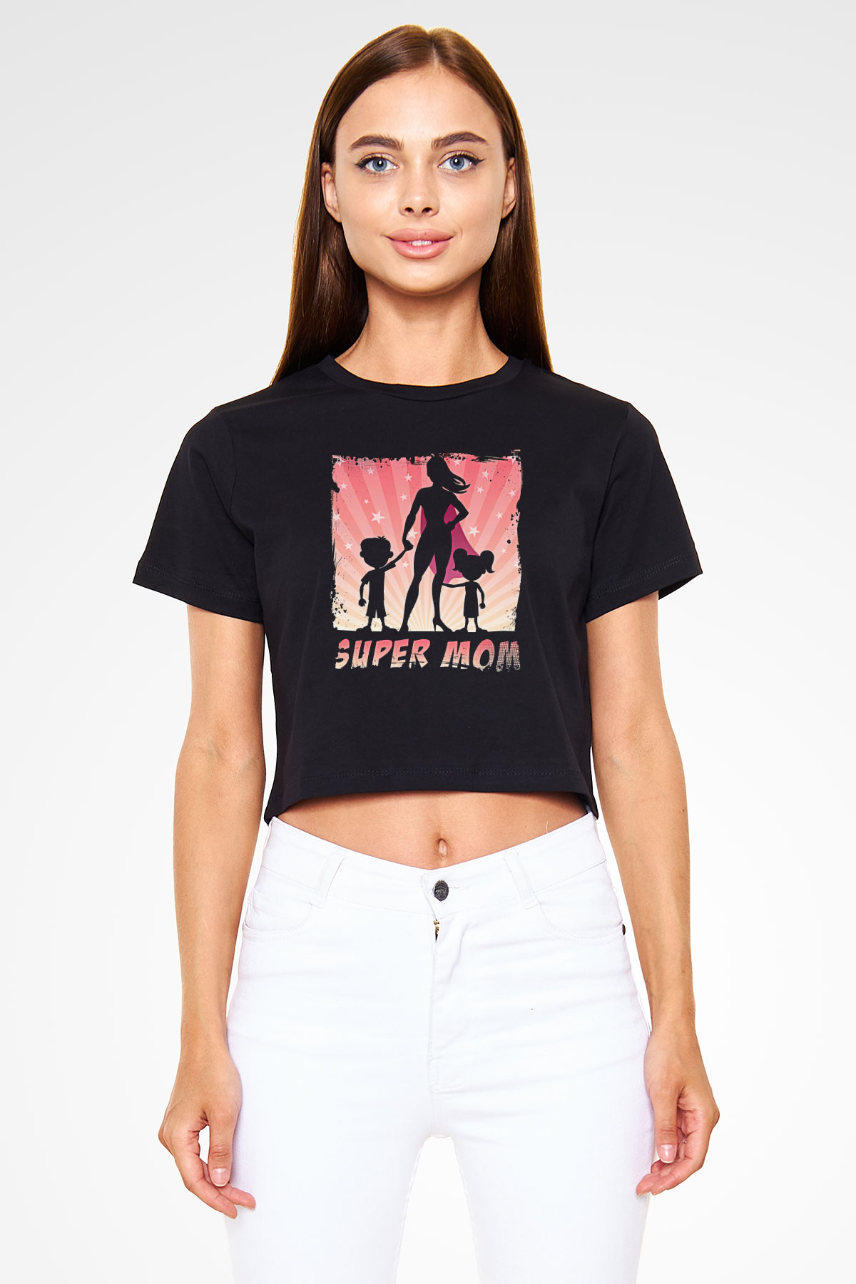 Anneler Günü Baskılı Siyah Crop Top Kadın Tişört - Tshirt