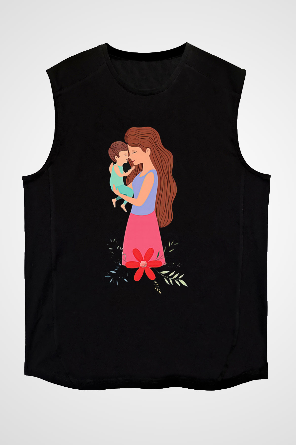 Anneler Günü Baskılı Unisex Siyah Kolsuz Tişört - Tshirt