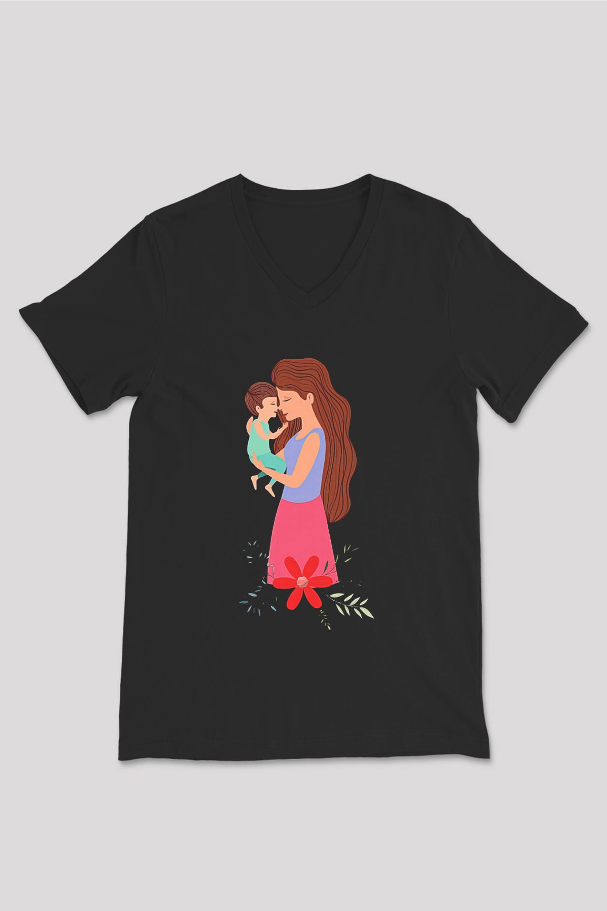 Anneler Günü Baskılı Unisex Siyah V Yaka Tişört - Tshirt