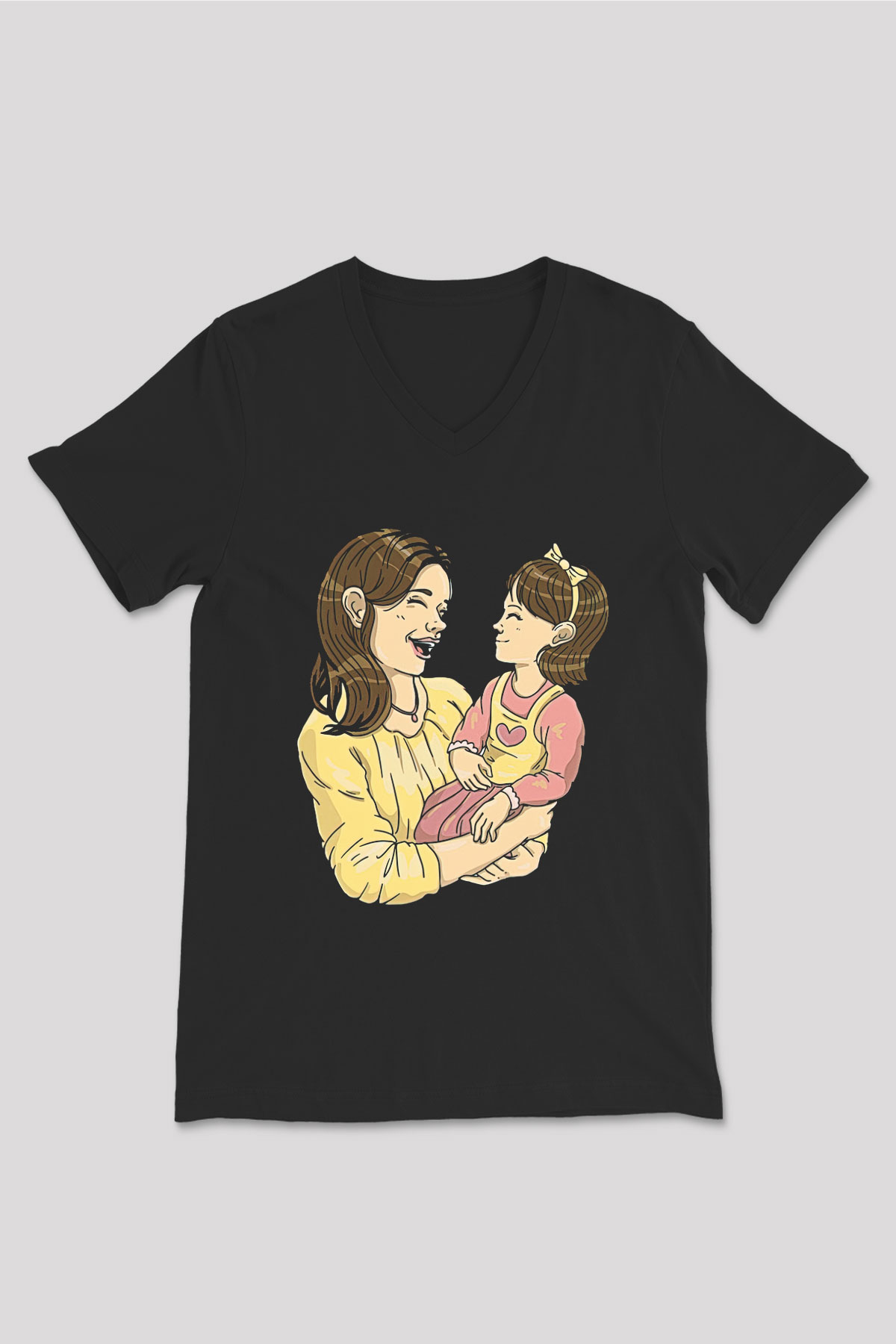 Anneler Günü Baskılı Unisex Siyah V Yaka Tişört - Tshirt