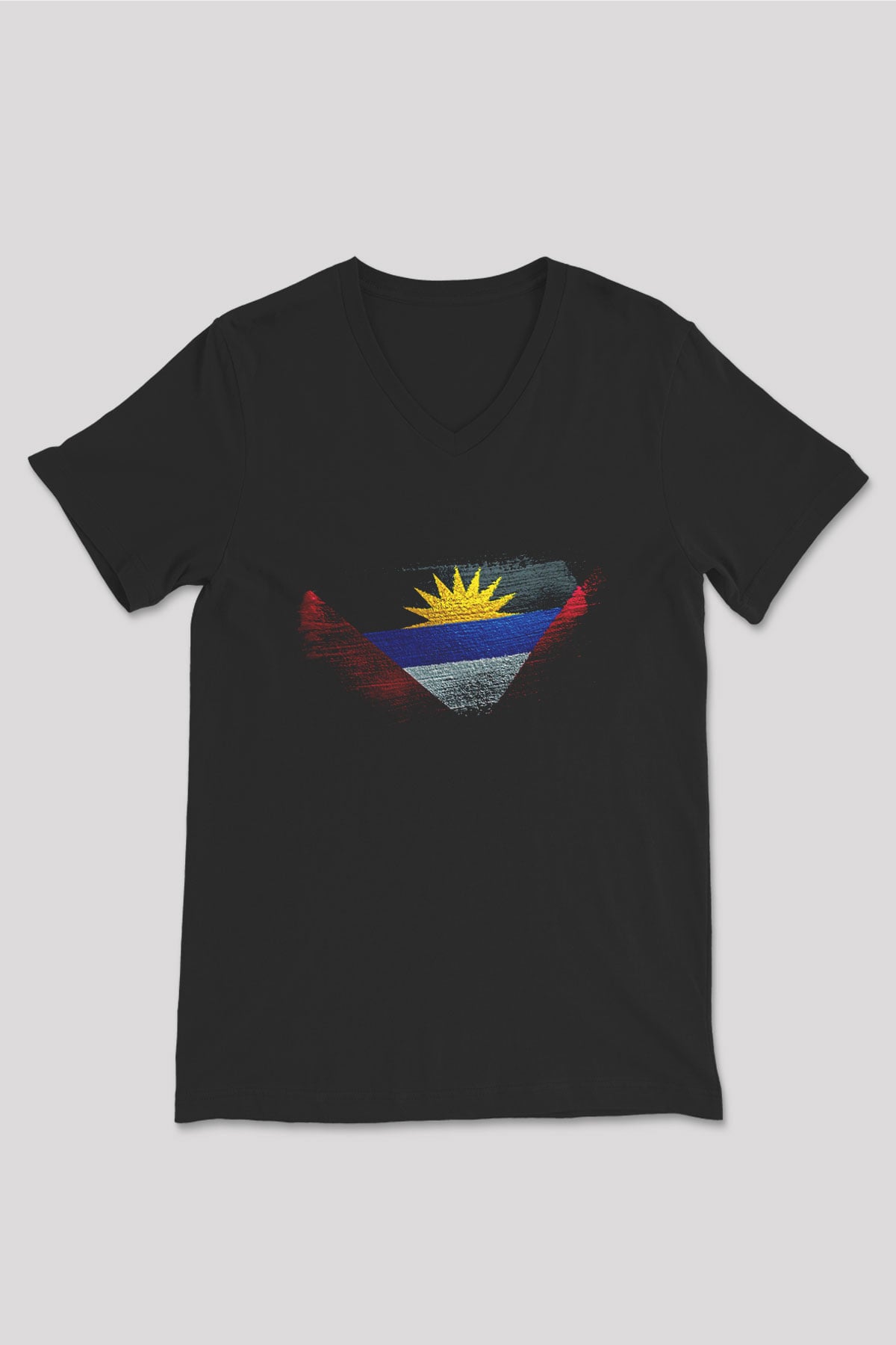 Antigua Barbuda Bayrağı Baskılı Unisex Siyah V Yaka Tişört