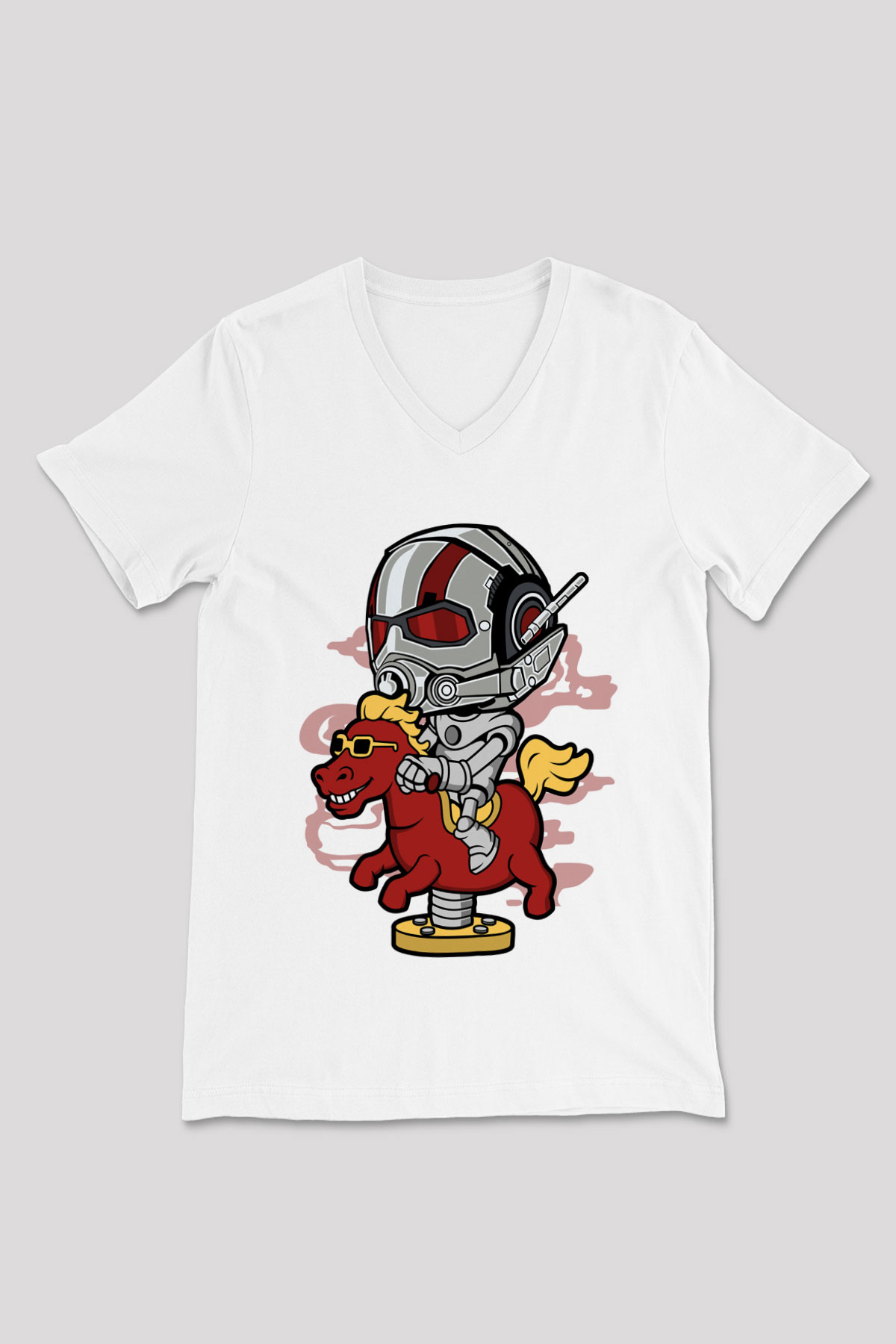 Antman Riding Horse Baskılı Unisex Beyaz V Yaka Tişört