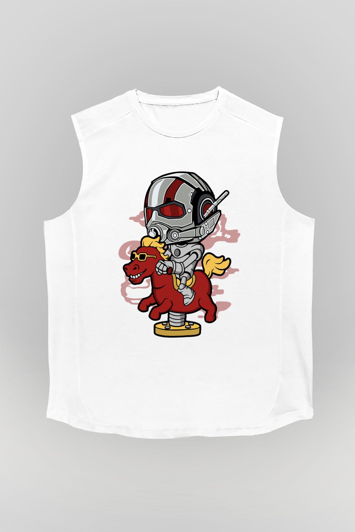 Antman Riding Horse Baskılı Unisex Beyaz Kolsuz Tişört