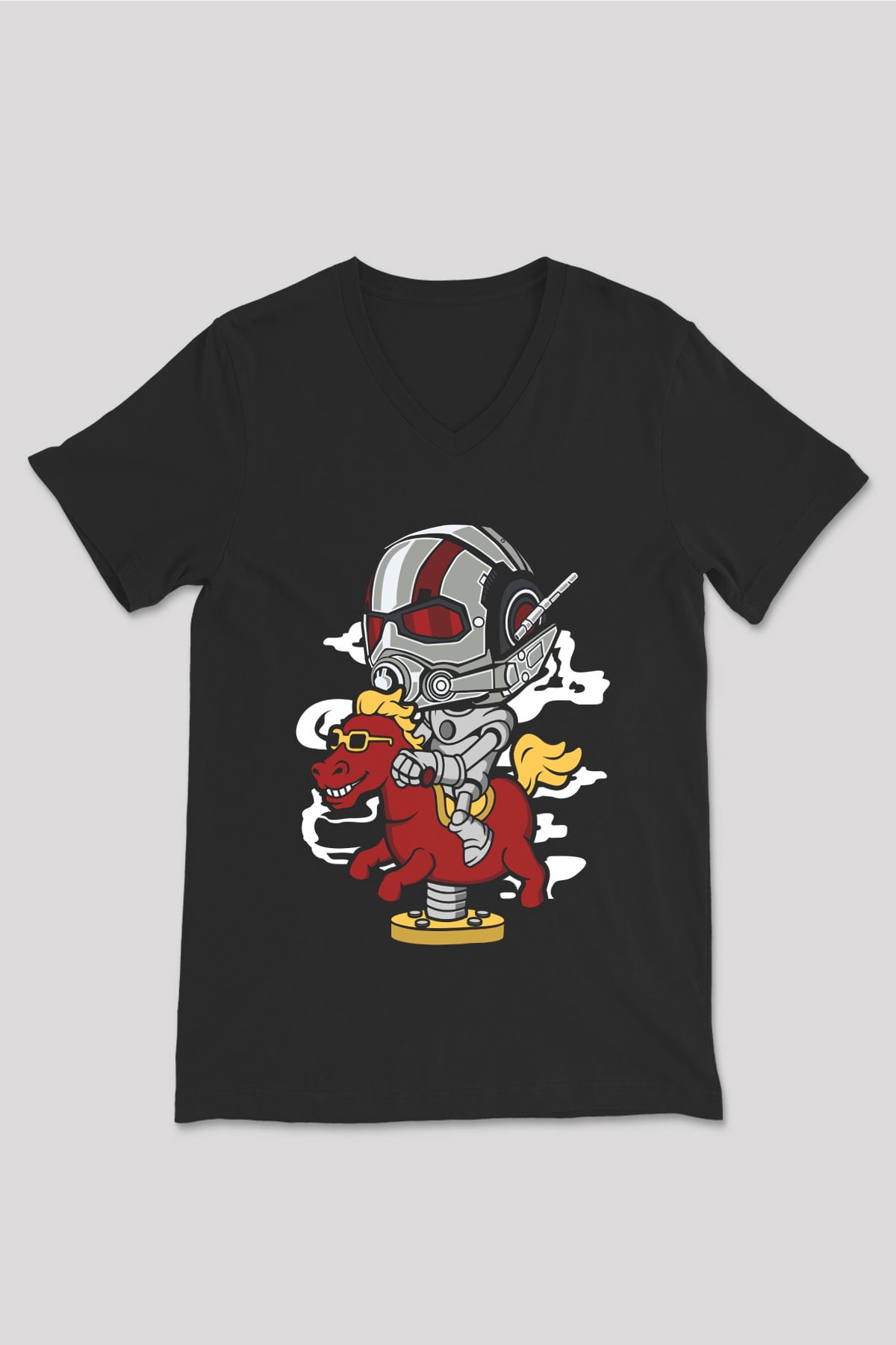 Antman Riding Horse Baskılı Unisex Siyah V Yaka Tişört