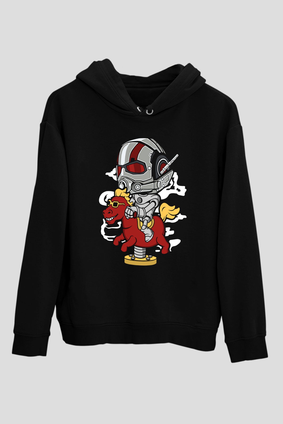 Antman Riding Horse Baskılı Unisex Siyah Hoodie