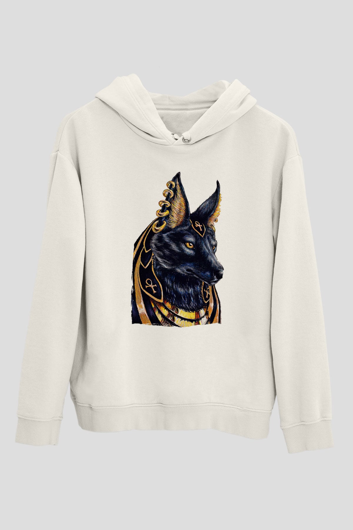 Anubis Baskılı Beyaz Unisex Hoodie