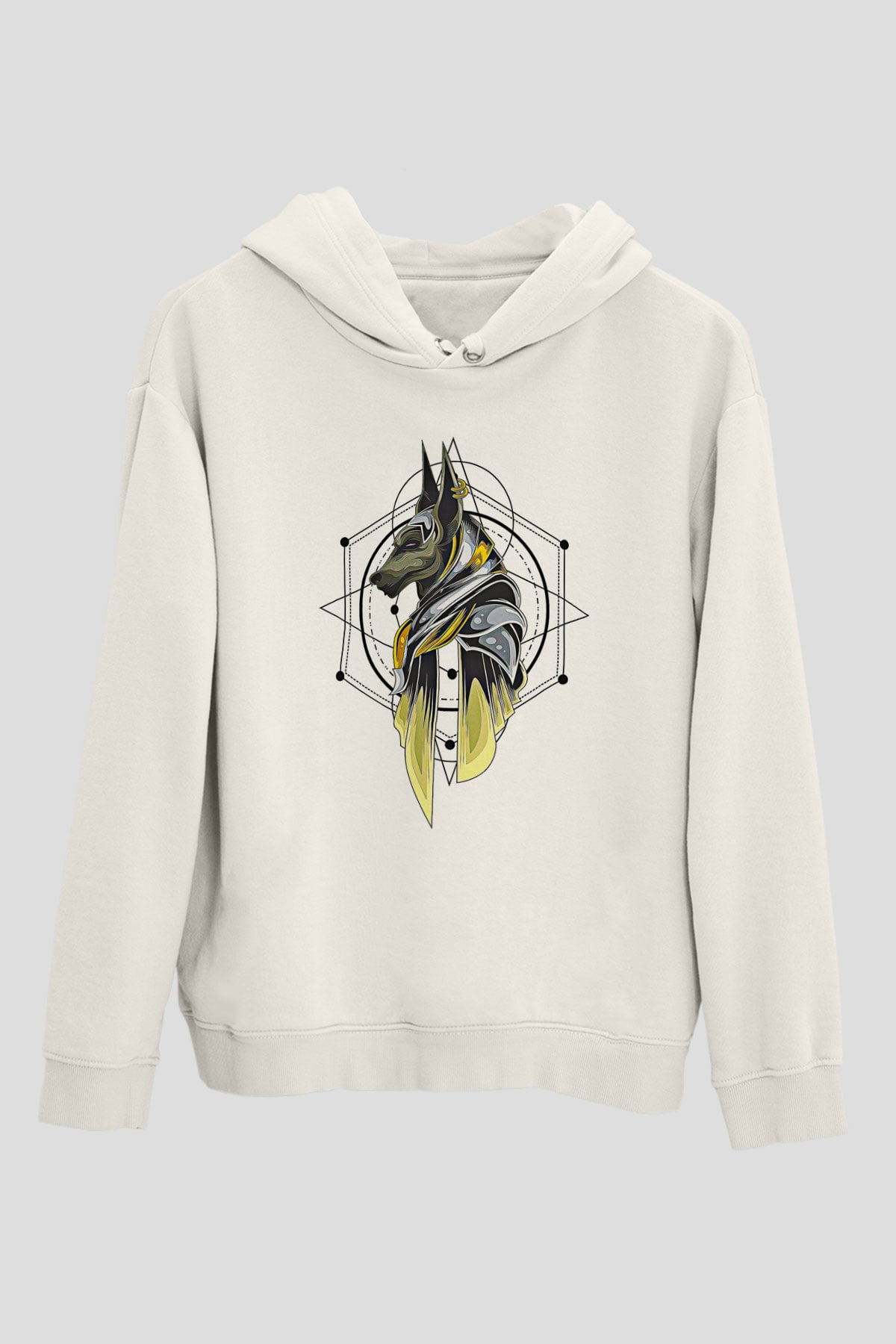 Anubis Baskılı Beyaz Unisex Hoodie