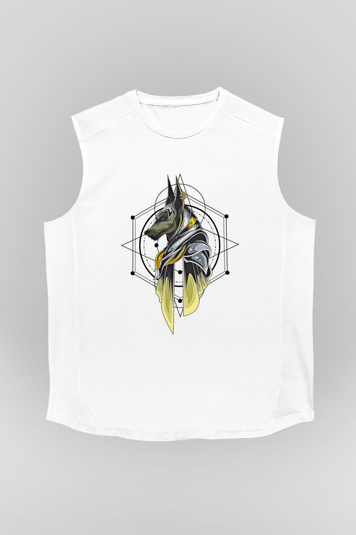 Anubis Baskılı Beyaz Unisex Kolsuz Tişört - Tshirt