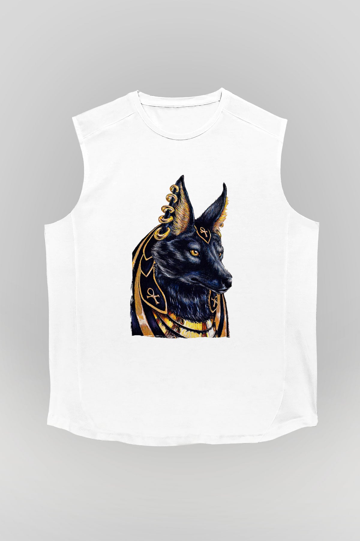 Anubis Baskılı Beyaz Unisex Kolsuz Tişört - Tshirt