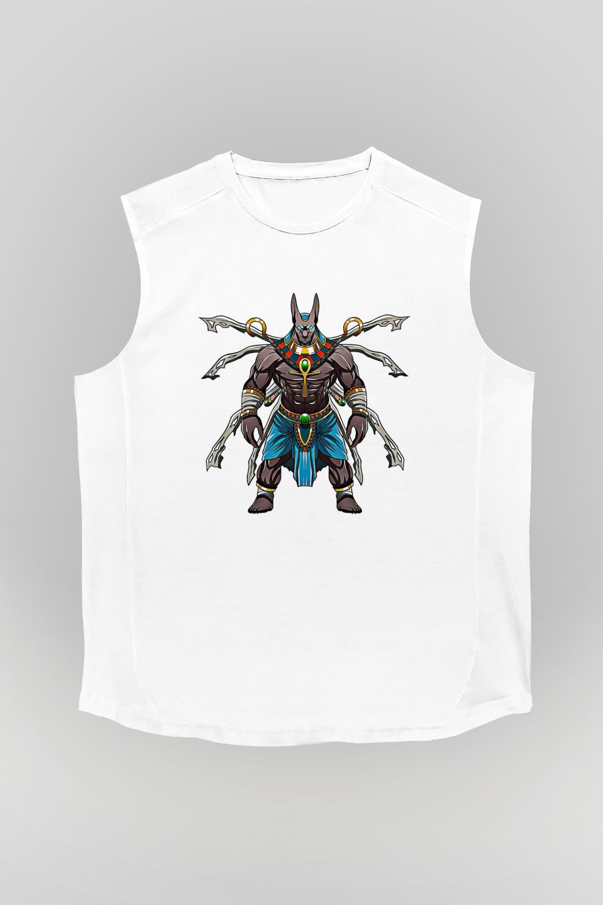 Anubis Baskılı Beyaz Unisex Kolsuz Tişört - Tshirt