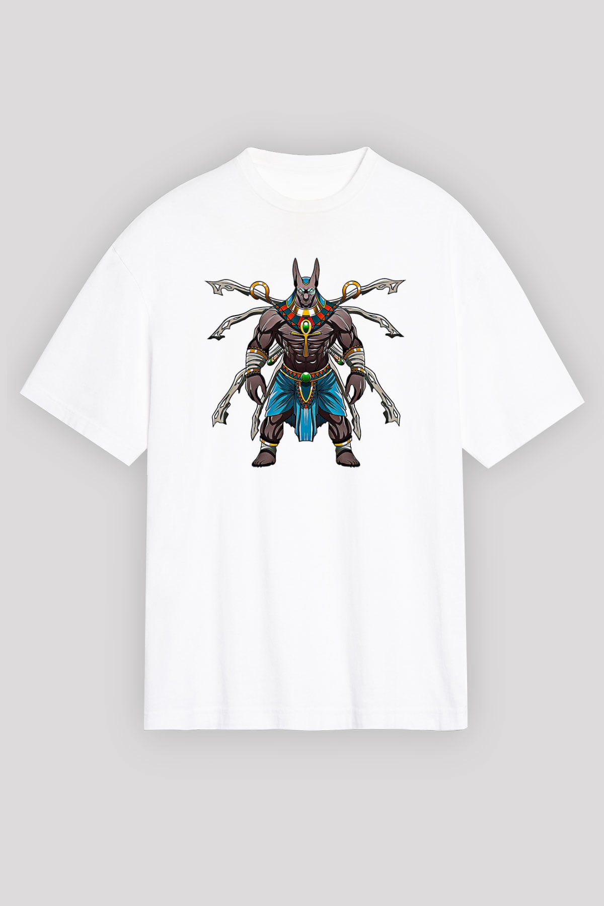 Anubis Baskılı Beyaz Unisex Oversize Tişört - Tshirt