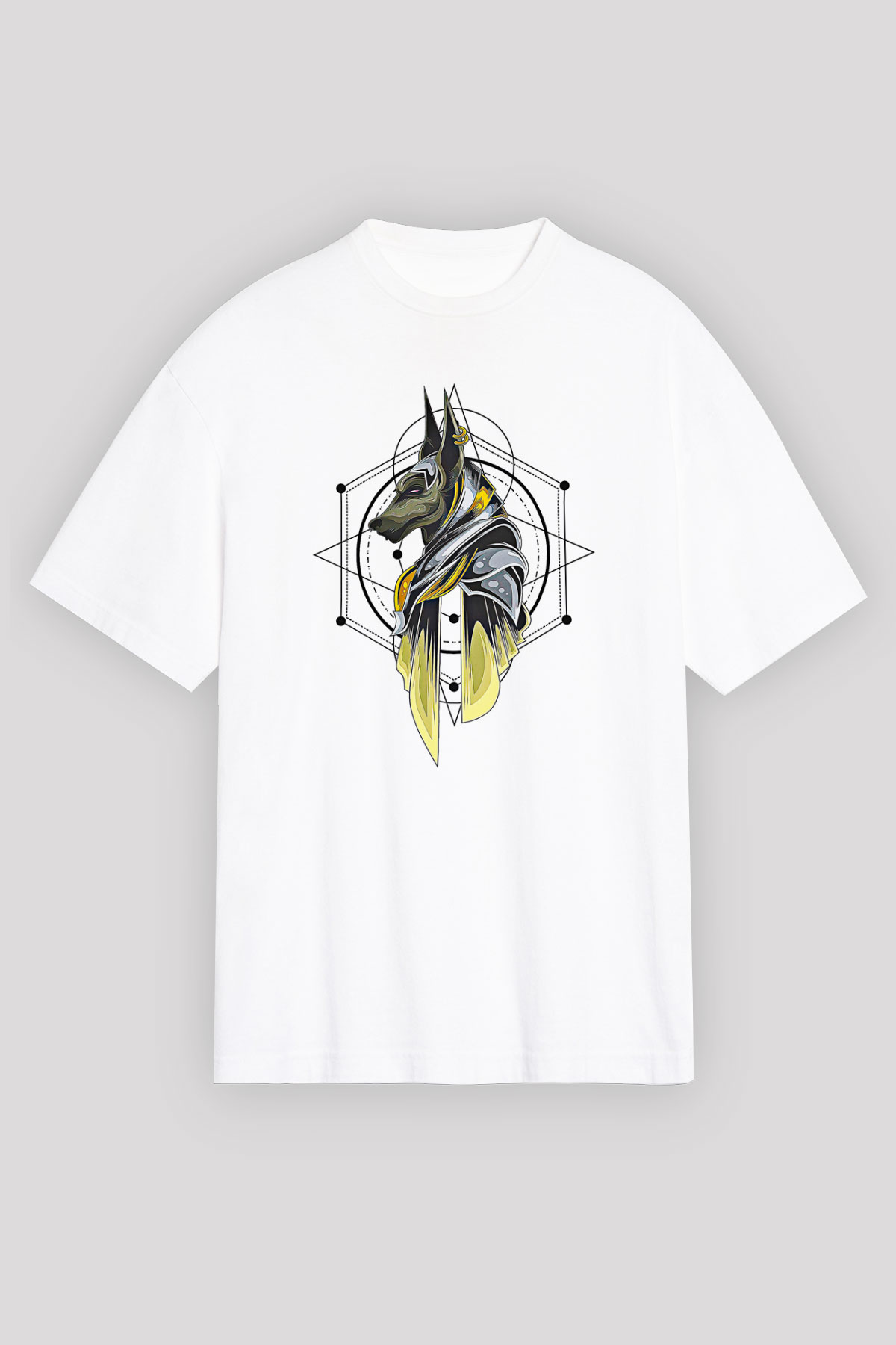 Anubis Baskılı Beyaz Unisex Oversize Tişört - Tshirt