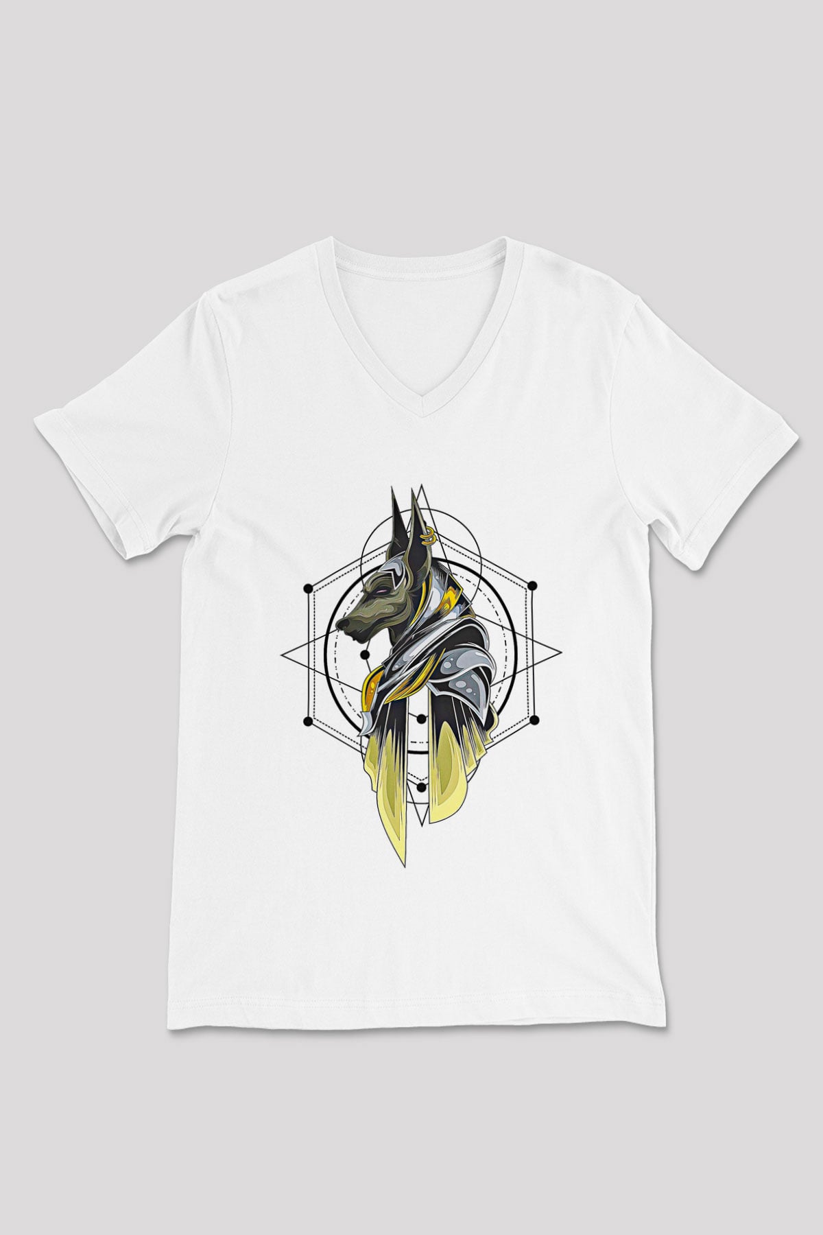 Anubis Baskılı Beyaz Unisex V Yaka Tişört - Tshirt