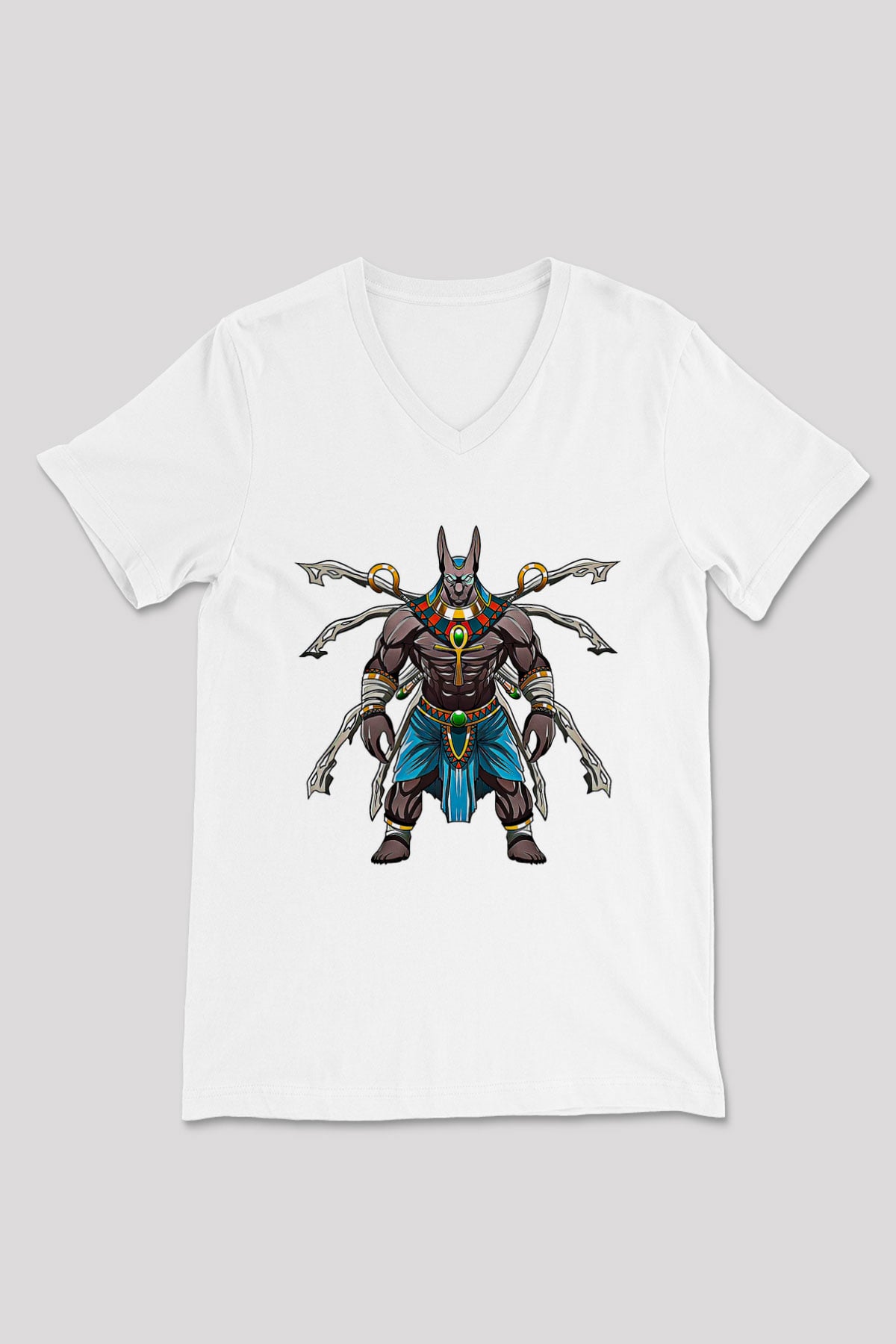 Anubis Baskılı Beyaz Unisex V Yaka Tişört - Tshirt