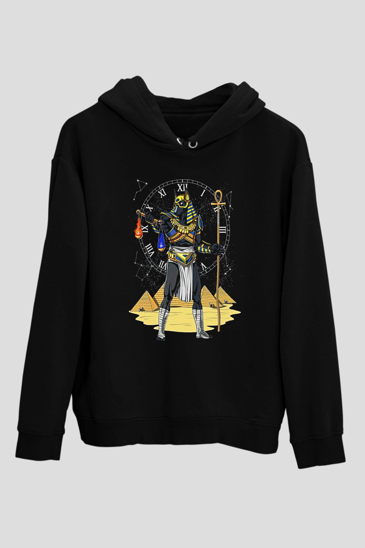 Anubis Baskılı Unisex Siyah Hoodie