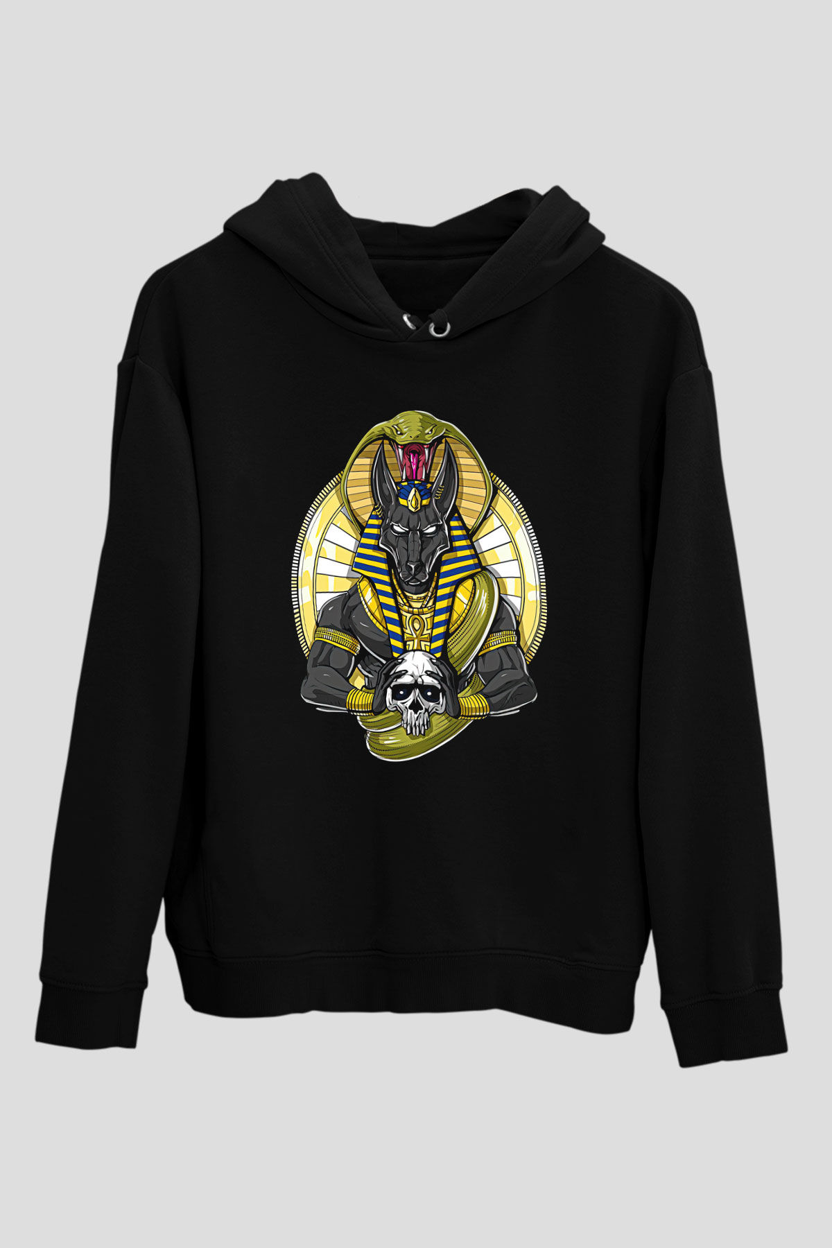 Anubis Baskılı Unisex Siyah Hoodie