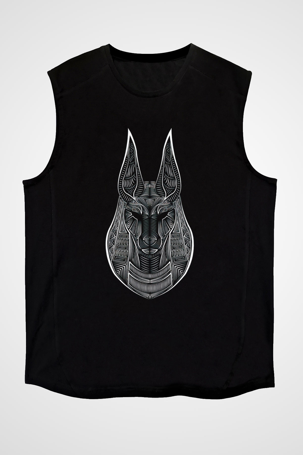 Anubis Baskılı Unisex Siyah Kolsuz Tişört - Tshirt